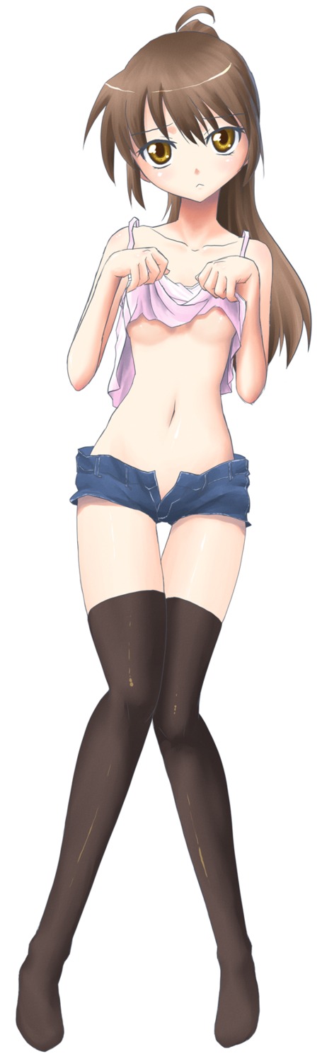 breasts camisole clothing denim denim_shorts female fumotono_mikoto highres kyon kyonko ponytail rule34 rule_63 shirt shirt_lift shorts small_breasts stockings suzumiya_haruhi_no_yuuutsu thighhighs tied_hair unbuttoned unzipped