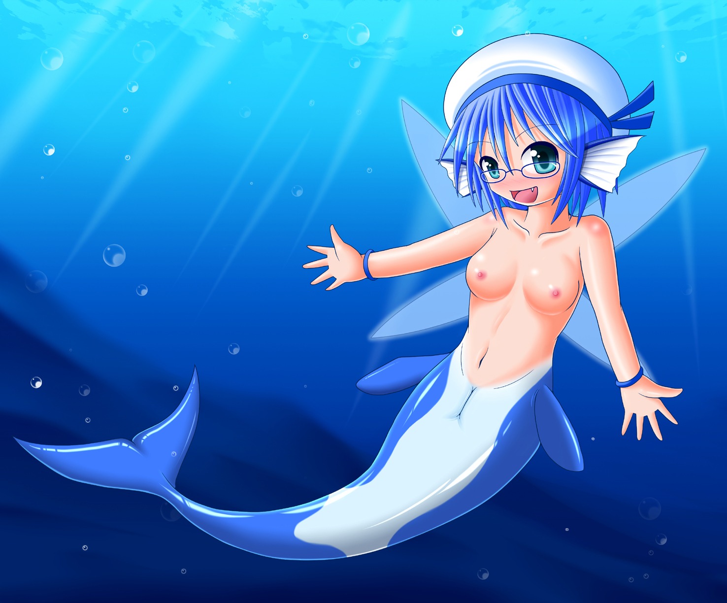 1girls blue_hair blue_tail blush breasts fang female female_only fukami highres jpeg merfolk mermaid monster_girl open_mouth pussy rule34 solo underwater wings