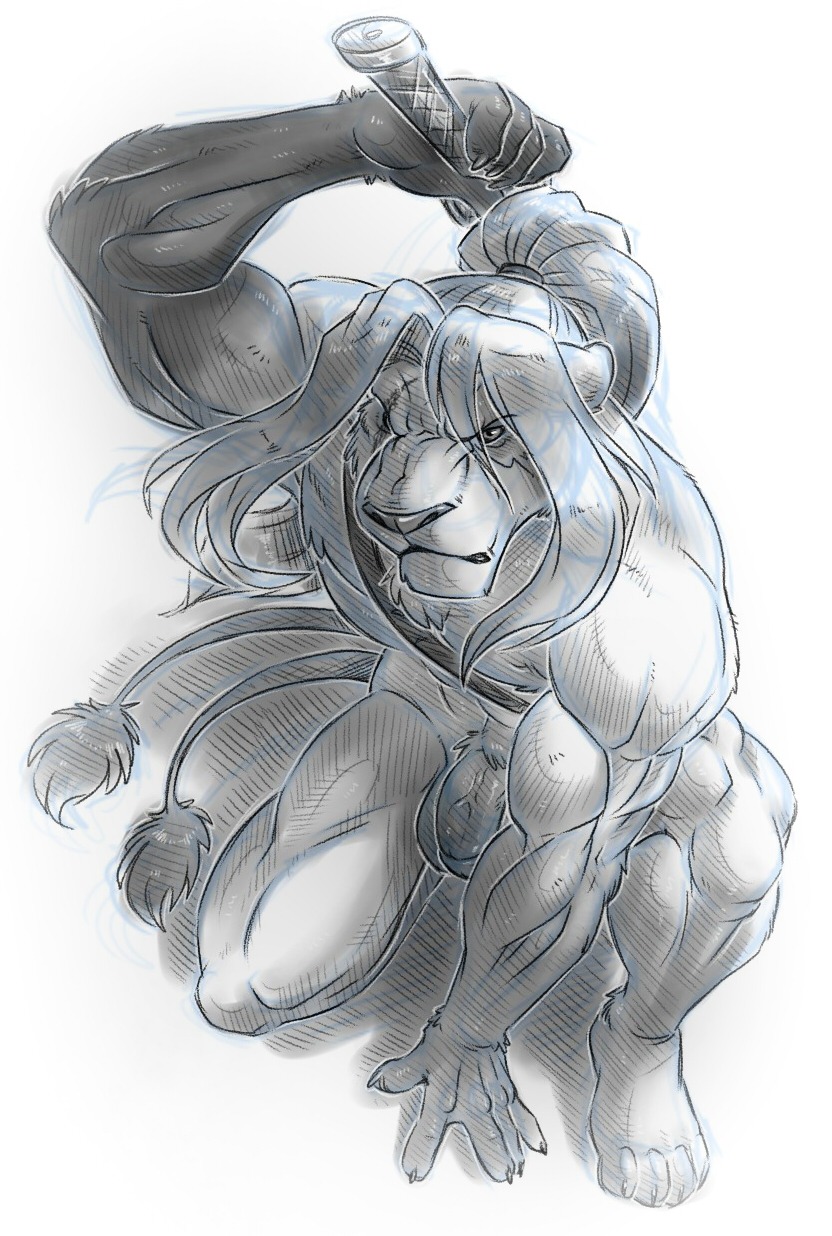 balls biceps black_nose e621 felid flaccid frown fur genitals hair hi_res lion looking_at_viewer male mammal melee_weapon multi_tail muscular muscular_male neodokuro nude pantherine penis simple_background solo sword tail weapon white_background