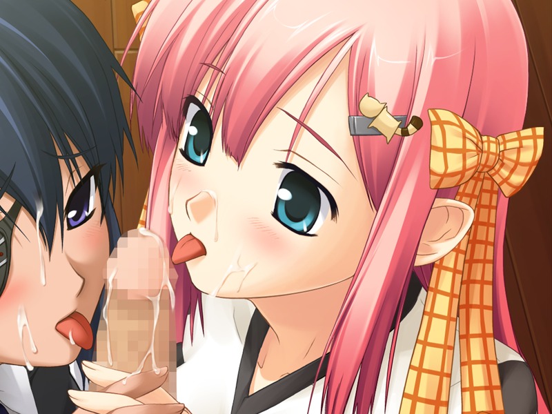 1boy 2girls blue_eyes blue_hair censored close-up eyepatch fellatio female game_cg hair_ribbon hairclip kimi_ga_aruji_de_shitsuji_ga_ore_de kuonji_yume licking_penis long_hair male natose oral penis pink_hair purple_eyes ribbon rule34 shironeko_sanbou short_hair they_are_my_noble_masters threesome