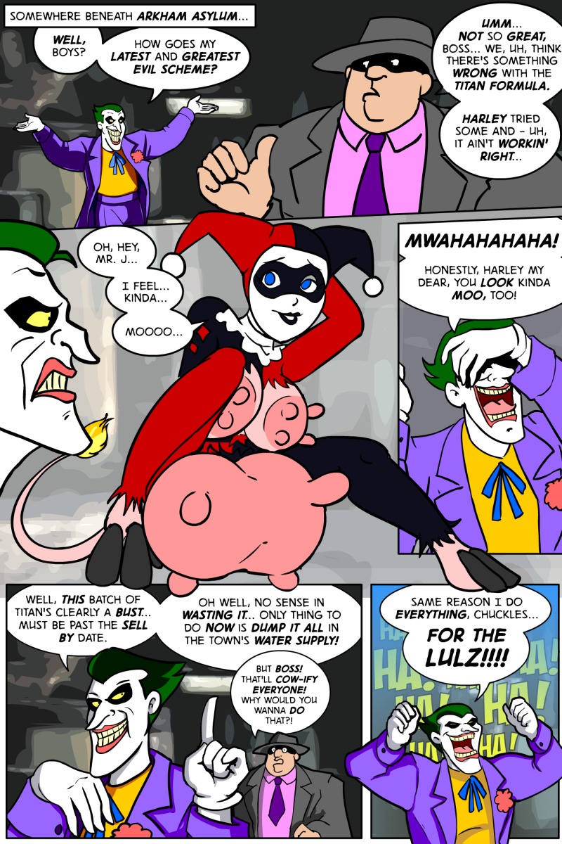 batman:_the_animated_series batman_(series) breast_udders breasts comic cow_ears cow_girl cow_horns cow_tail dc dc_comics dcau dialogue female harley_quinn harley_quinn_(classic) joker male p.chronos rule34 speech_bubble the_joker torn_bodysuit torn_clothing transformation udders