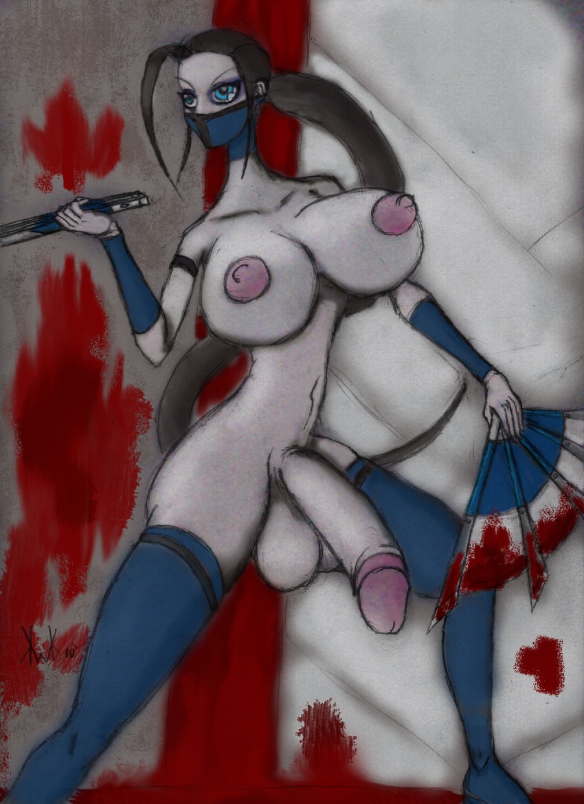 1futa 2d balls breasts covered_mouth face_mask fan flaccid futa_only futanari hourglass_figure intersex intersex_only kitana large_balls large_breasts large_penis mortal_kombat nude penis ponytail rule34 solo solo_futa standing thighhighs