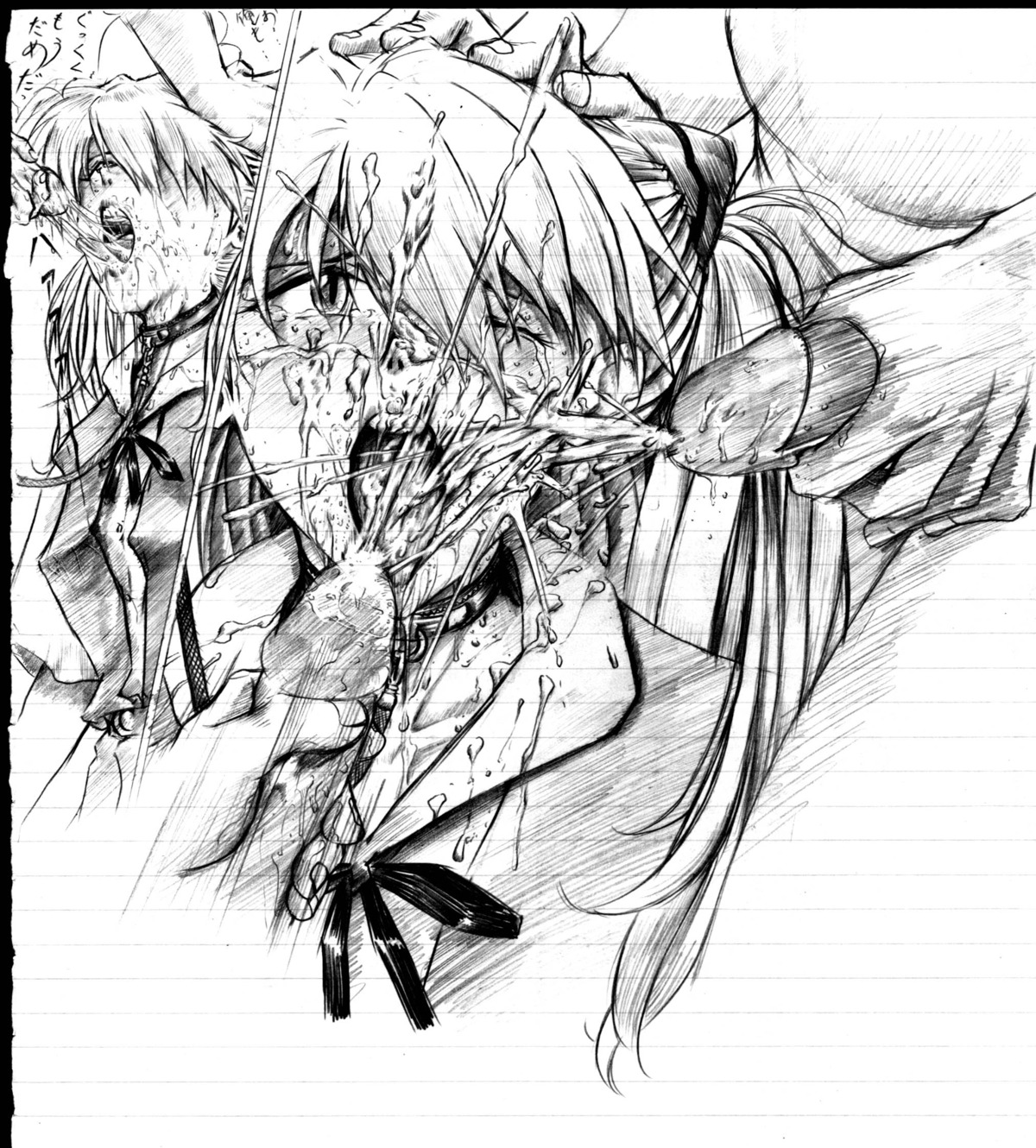 asuka_langley_sohryu clothing cum facial female hand_on_head highres krutta_fan monochrome neon_genesis_evangelion rule34 school_uniform sketch straight_hair traditional_media