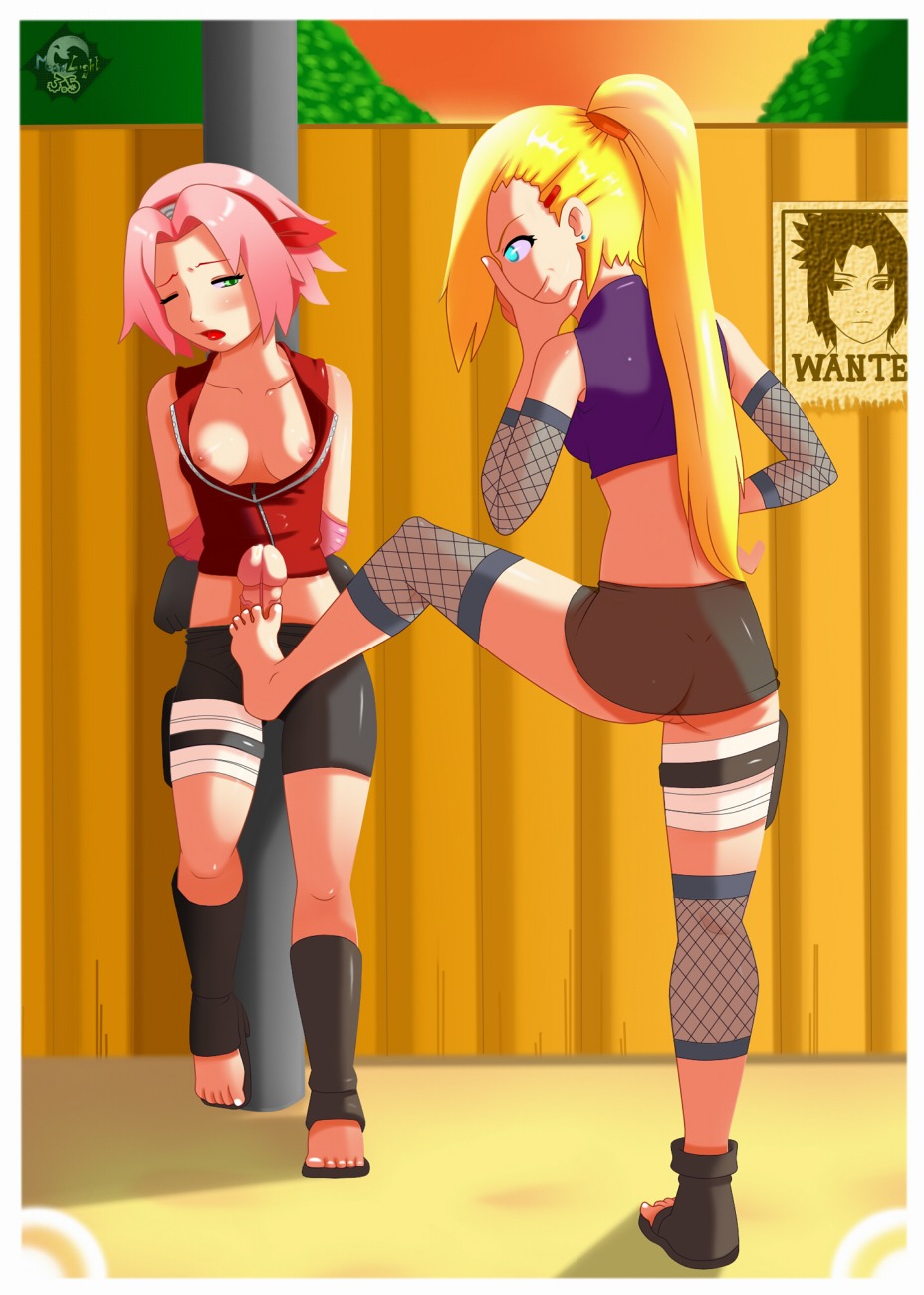 1futa 1girls bike_shorts blonde_hair blue_eyes blush breasts feet female female_on_futa fishnets footjob futanari futasub green_eyes hands_behind_back human ino_yamanaka intersex miniskirt naruto naruto_(series) nipples penis pink_hair ponytail public rule34 sakura_haruno sasuke_uchiha silvermoonlight tied_hair upskirt