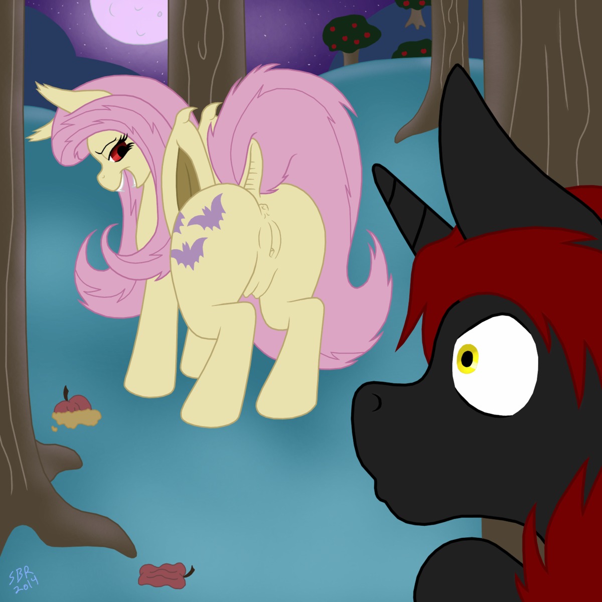 1:1 2014 anus apple bat bat_pony butt clitoral_winking clitoris cutie_mark duo e621 equid equine fan_character female flutterbat_(mlp) fluttershy_(mlp) food friendship_is_magic fruit genitals hasbro hi_res horn hybrid male mammal moon my_little_pony mythological_creature mythological_equine mythology plant presenting raised_tail skybrigidrain smaller_version_at_source tail teats tree unicorn voyeur vulva
