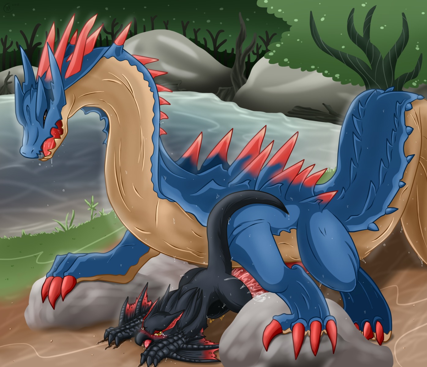 3_toes all_fours bald barefoot beak big_penis black_body black_eyes black_fur black_skin blue_body blue_nose blue_skin blush bodily_fluids bulge butt capcom claws crying cum cum_inside cum_on_butt cum_on_leg cum_on_penis detailed_background digital_media_(artwork) dominant drooling duo e621 erection feet female female_penetrated feral feral_on_feral flying_wyvern forest from_behind_position fur genital_fluids genitals grey_eyes hi_res huge_penetration lagiacrus larger_dom larger_male leviathan_(mh) long_neck looking_down male male/female male_penetrating male_penetrating_female membrane_(anatomy) membranous_wings monster_hunter nargacuga narrowed_eyes nude open_mouth orange_eyes outside penetration penile penile_penetration penis pink_body pink_penis pink_skin plant red_body red_skin ridiculous_fit rock saliva scalie sex size_difference smaller_female smaller_penetrated squint tail tan_body tan_skin tears thick_penis toe_claws toes tree vavacung wings wood yellow_eyes