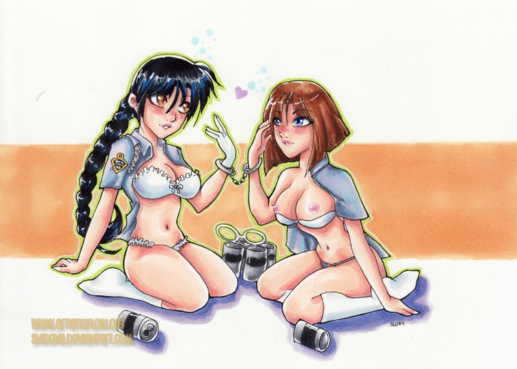 2girls beer black_hair blush bondage bra breasts brown_hair curvaceous drunk female female_only human large_breasts light-skinned_female light_skin long_hair miyuki_kobayakawa multiple_females multiple_girls natsumi_tsujimoto nipples panties police policewoman rule34 shidonii shirt short_hair taiho_shichauzo underwear yuri