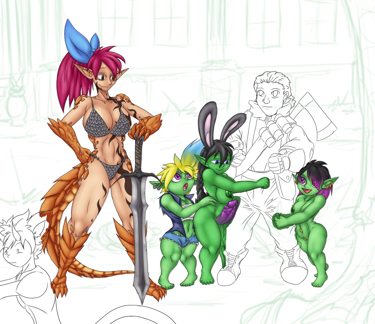 aldergames anthro areola axe big_breasts breasts cleavage clothed clothing corruption_of_champions e621 erect_nipples erection female genitals goblin group gynomorph helia_(coc) huge_breasts human humanoid intersex lizan male mammal melee_weapon navel nipples nude penis smile sword tail vulva weapon