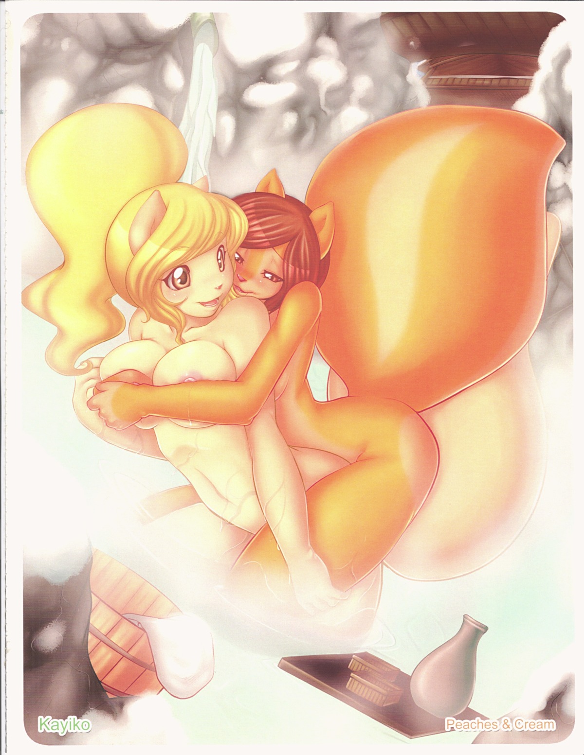 absurd_res anthro big_breasts blonde_hair breasts brown_eyes brown_hair cream_(miu) duo e621 female female/female fur hair hi_res hug kayiko mammal nude orange_body orange_fur peaches_(miu) rodent sciurid steam tail tree_squirrel wet
