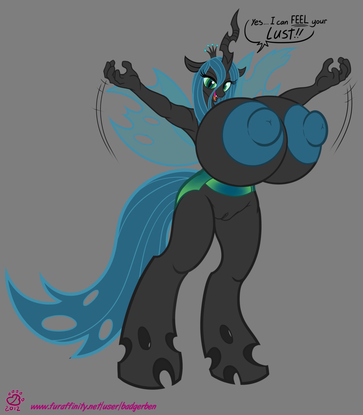 2012 alpha_channel anthro anthrofied areola arthropod badgerben big_breasts blue_hair breasts changeling_(mlp) crown e621 english_text female fingers friendship_is_magic genitals green_eyes hair hasbro headgear hi_res hooves horn huge_breasts insect_wings looking_at_viewer my_little_pony nipples queen queen_chrysalis_(mlp) royalty solo tail text url vulva wings