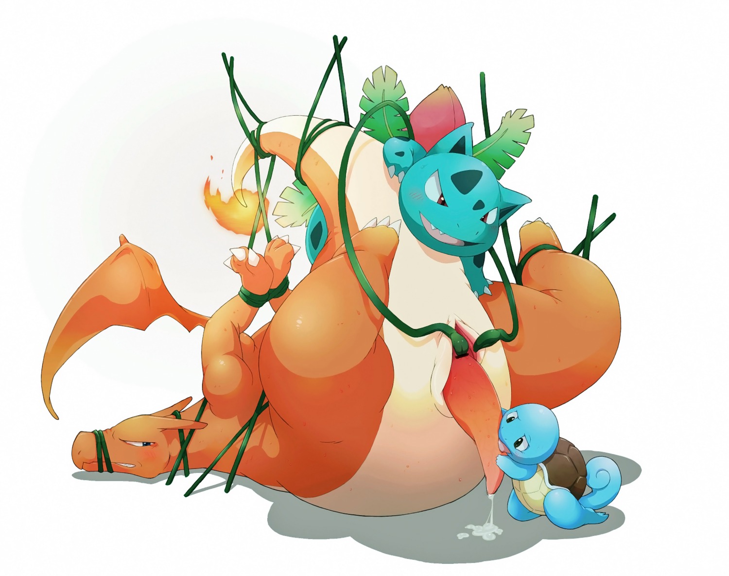 ambiguous_gender animal_genitalia bdsm belly blue_body blue_eyes blue_skin blush bodily_fluids bondage bound brown_eyes censor_removal_edit charizard cloaca cloacal cloacal_penetration cloacal_penis cum double_penetration dragon dripping e621 erection fellatio feral fire flaming_tail forced forced_cloacal generation_1_pokemon genital_fluids genital_slit genitals group hi_res ivysaur larger_male legs_up licking male membrane_(anatomy) membranous_wings mythological_creature mythological_scalie mythology nintendo oral orange_body orange_skin penetration penile penis penis_lick plant pokemon pokemon_(species) rape red_cloaca red_eyes scalie sex shell simple_background size_difference slit_play spread_cloaca spreading squirtle tail tapering_penis tentacle_in_cloaca tentacle_penetration tentacles third-party_edit tongue tongue_out vertical_cloaca vine_whip vines white_background wings yonezmi