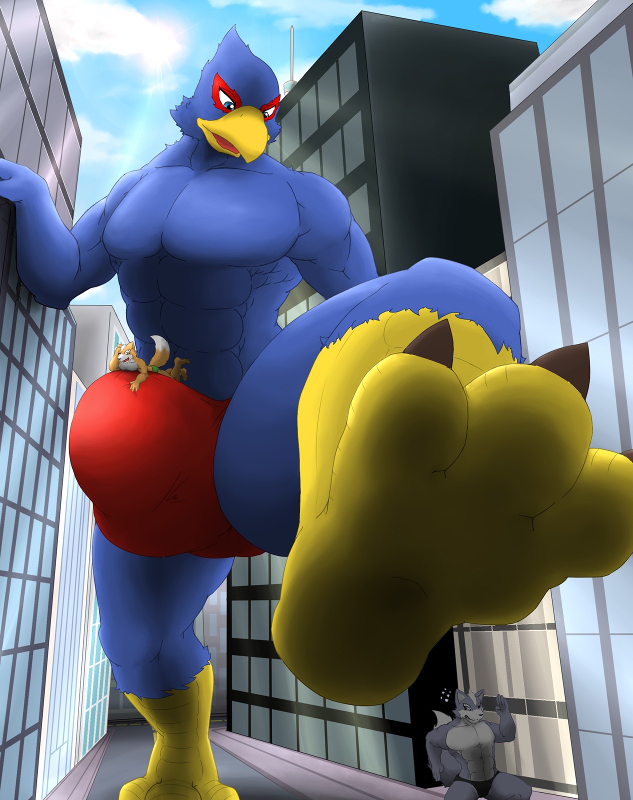anthro athletic avian beak biceps big_muscles bird blue_body blue_feathers brown_body brown_fur bulge canid canine canis claws clothed clothing croiyan digital_media_(artwork) e621 falco_lombardi feathers feet fox fox_mccloud fur grey_body grey_fur group hi_res hindpaw larger_male looming macro male male/male mammal micro muscular muscular_male nintendo paws pecs penile penis_riding pose size_difference smaller_male solo_focus speedo standing star_fox swimwear talons toes topless underwear white_body white_fur wmruckwr wolf wolf_o'donnell