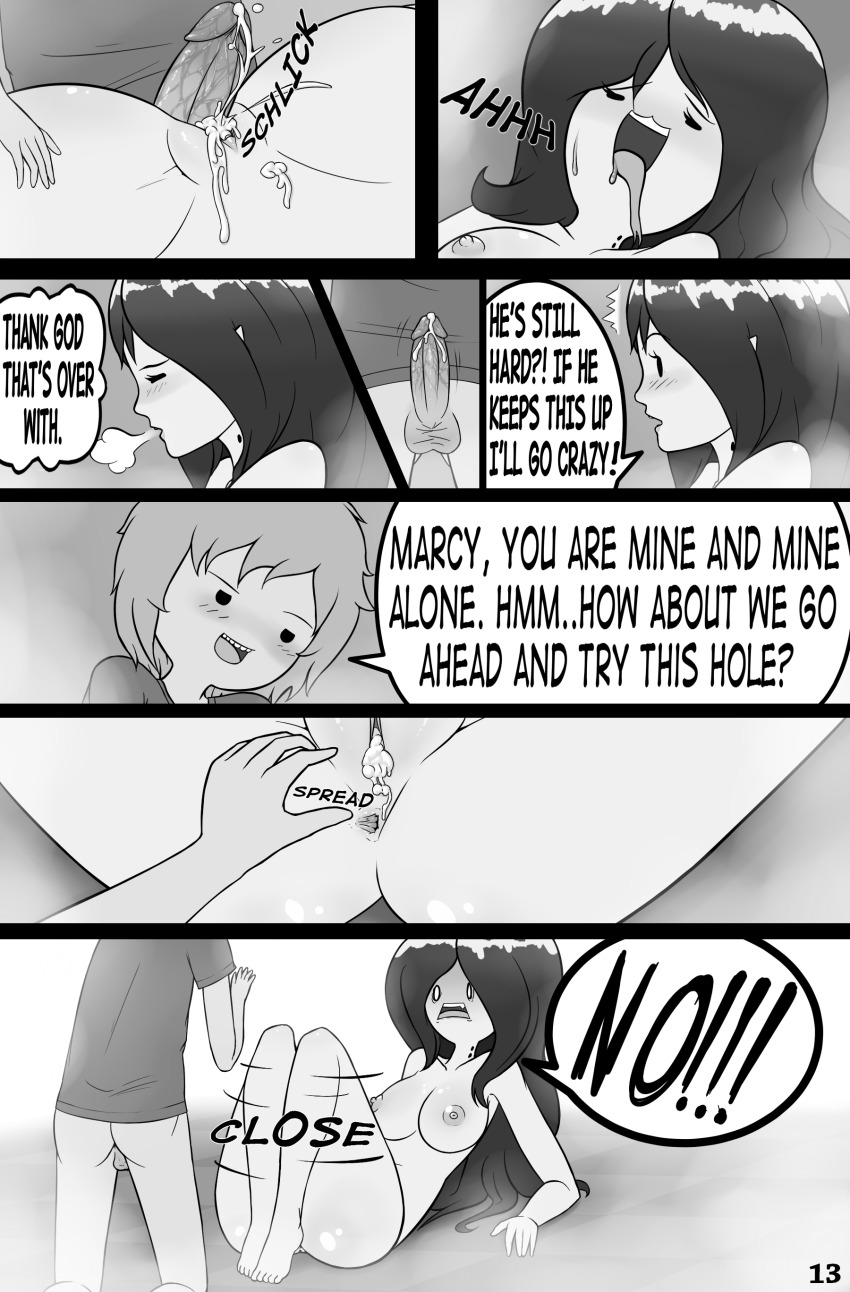 adventure_time anus bodily_fluids bottomless breasts cartoon_network clothed clothing comic cubby_chambers cum cum_in_vagina cum_inside duo e621 english_text erection exclamation_point female finn_the_human genital_fluids genitals greyscale hair hi_res human humanoid male male/female mammal marceline_abadeer monochrome not_furry nude penis text tongue tongue_out vampire vulva