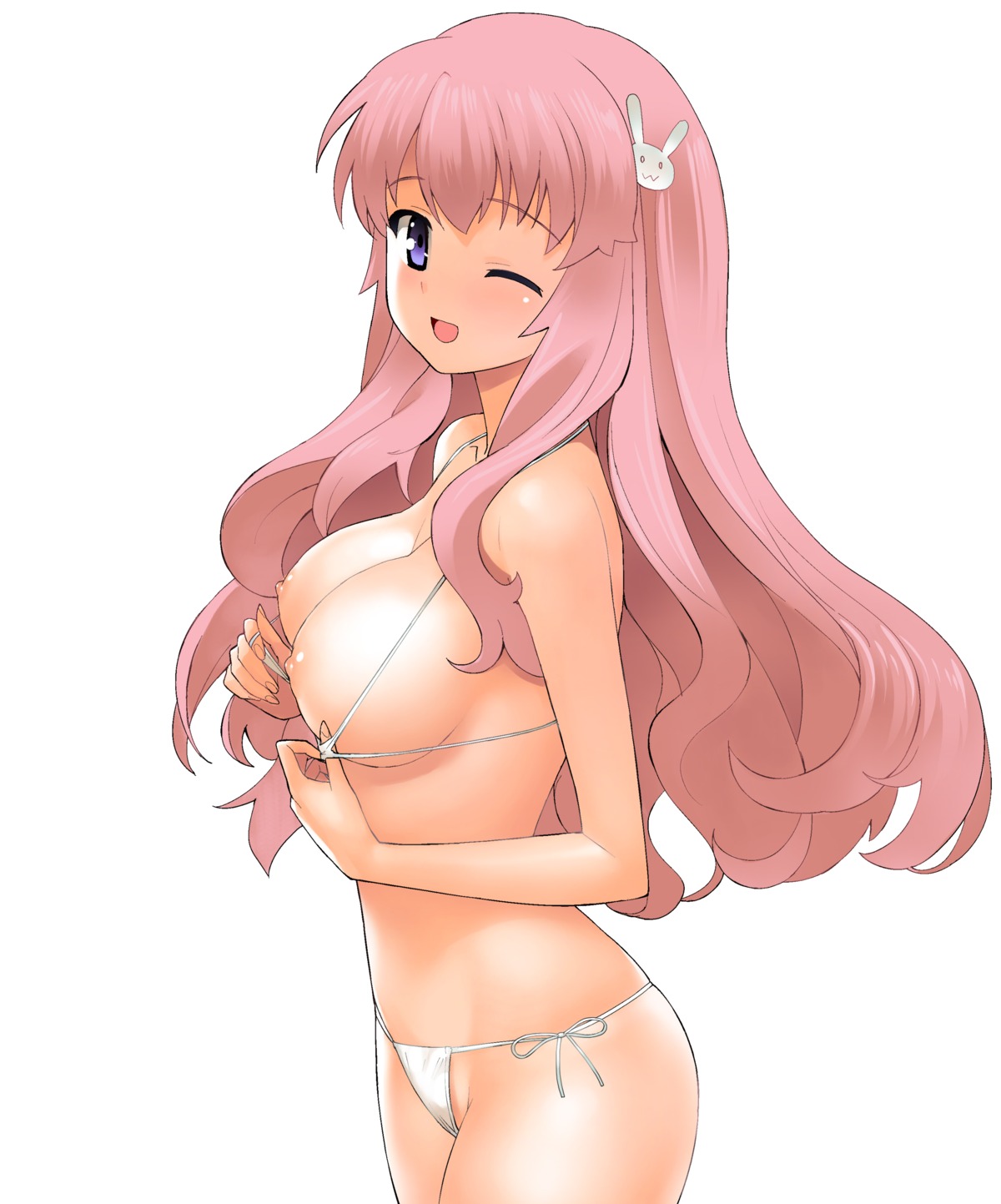 baka_to_test_to_shoukanjuu bikini breasts female high_resolution himeji_mizuki large_breasts long_hair nipples pink_hair purple_eyes rule34 swimsuit wink