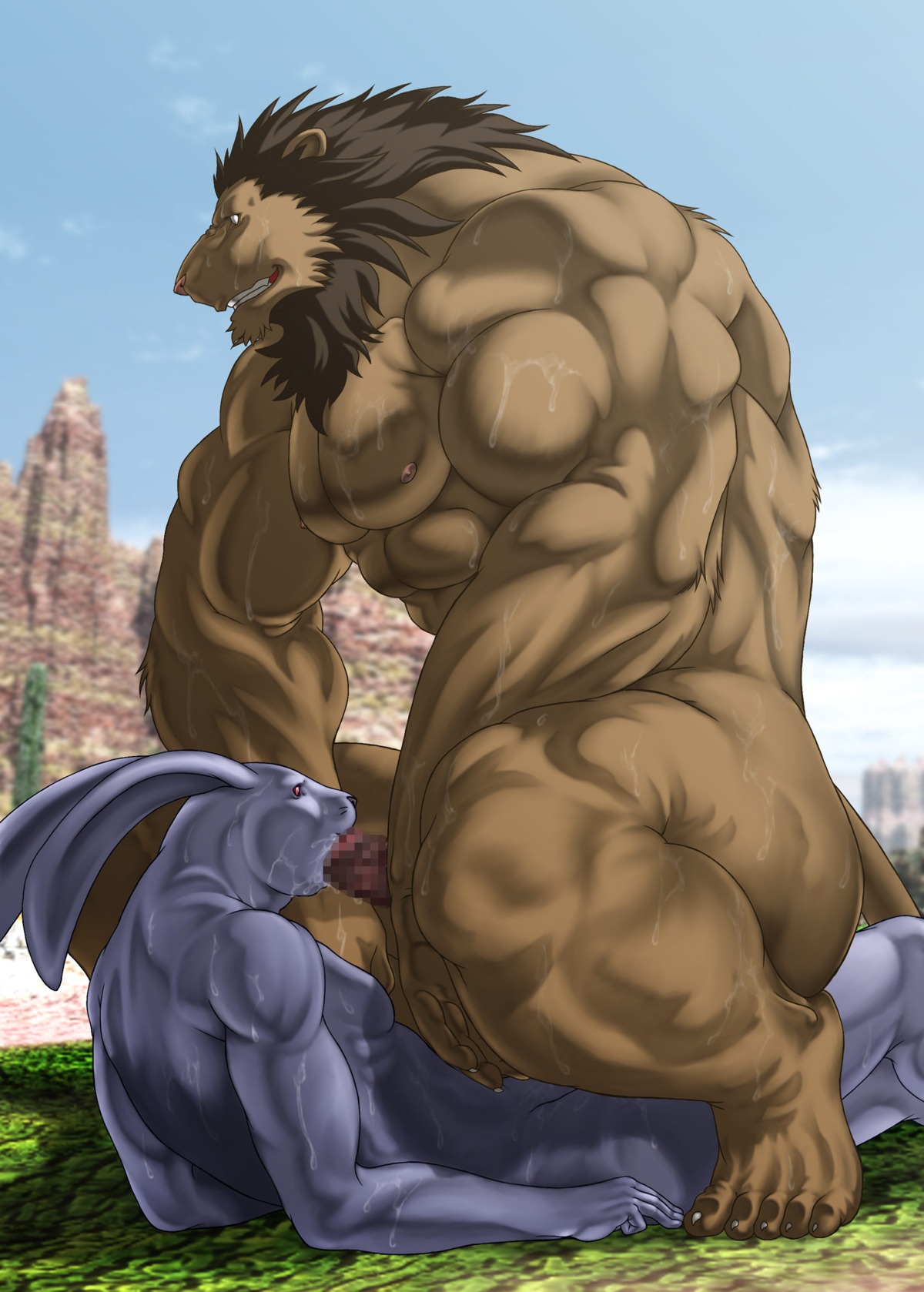 abs anal anal_penetration anthro anthro_on_anthro biceps big_muscles bodily_fluids bomb_(artist) censored cowgirl_position cum duo e621 erection felid fellatio from_front_position genital_fluids genitals hi_res huge_muscles hyper hyper_muscles lagomorph larger_male larger_penetrated leporid lion male male/male male_on_bottom male_on_top male_penetrated male_penetrating male_penetrating_male mammal mosaic_censorship muscular muscular_male nude on_bottom on_top oral oral_penetration oral_while_penetrating pantherine penetration penile penis rabbit sex size_difference smaller_male straddling sweat wet