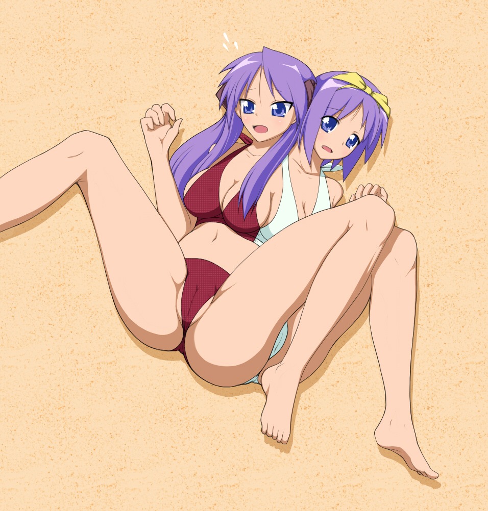 1girls 3_legs anus bikini breasts cameltoe conjoined female female_only hair_ribbon horizontal_multi_breast human kagami_hiiragi lucky_star multi_anus multi_breast multi_genitalia multi_head multi_leg multi_limb multi_pussy purple_hair pussy rule34 siblings sisters solo solo_focus swimsuit tsukasa_hiiragi twins