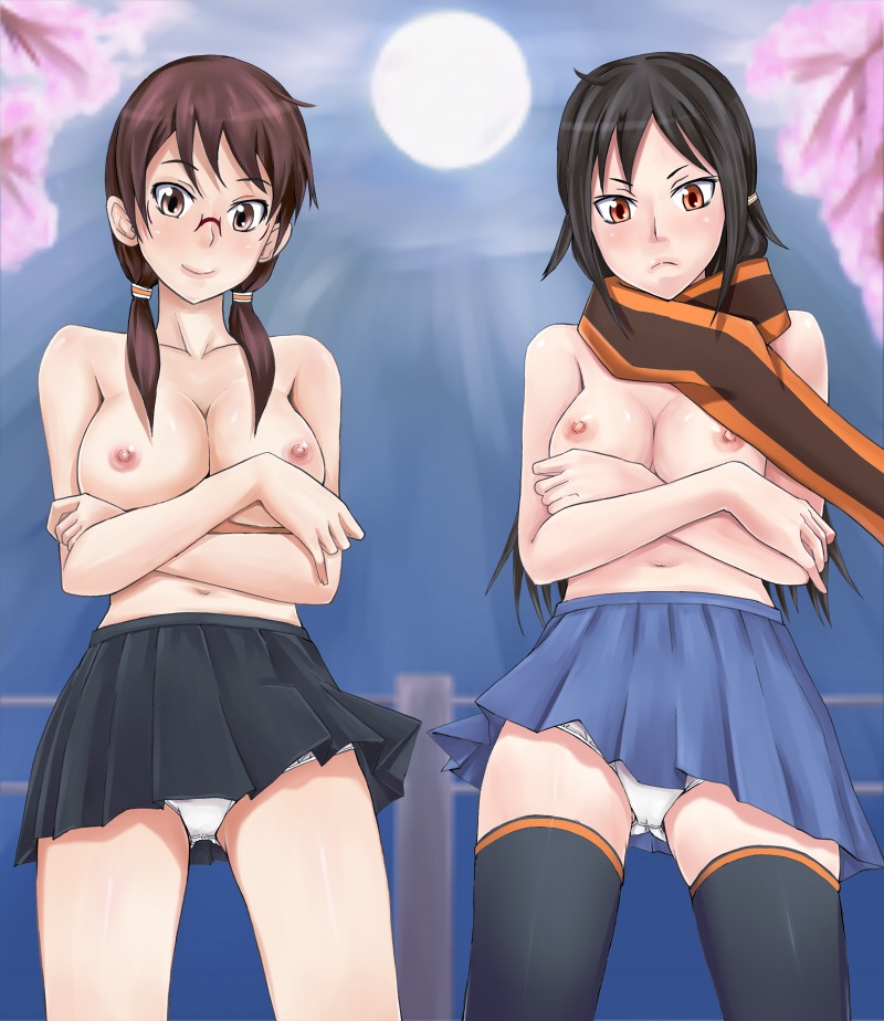 2girls breasts clothing female female_only glasses ichihisa moon multiple_females multiple_girls panties red_eyes rule34 scarf skirt thighhighs topless yarizakura_hime yozakura_quartet zettai_ryouiki
