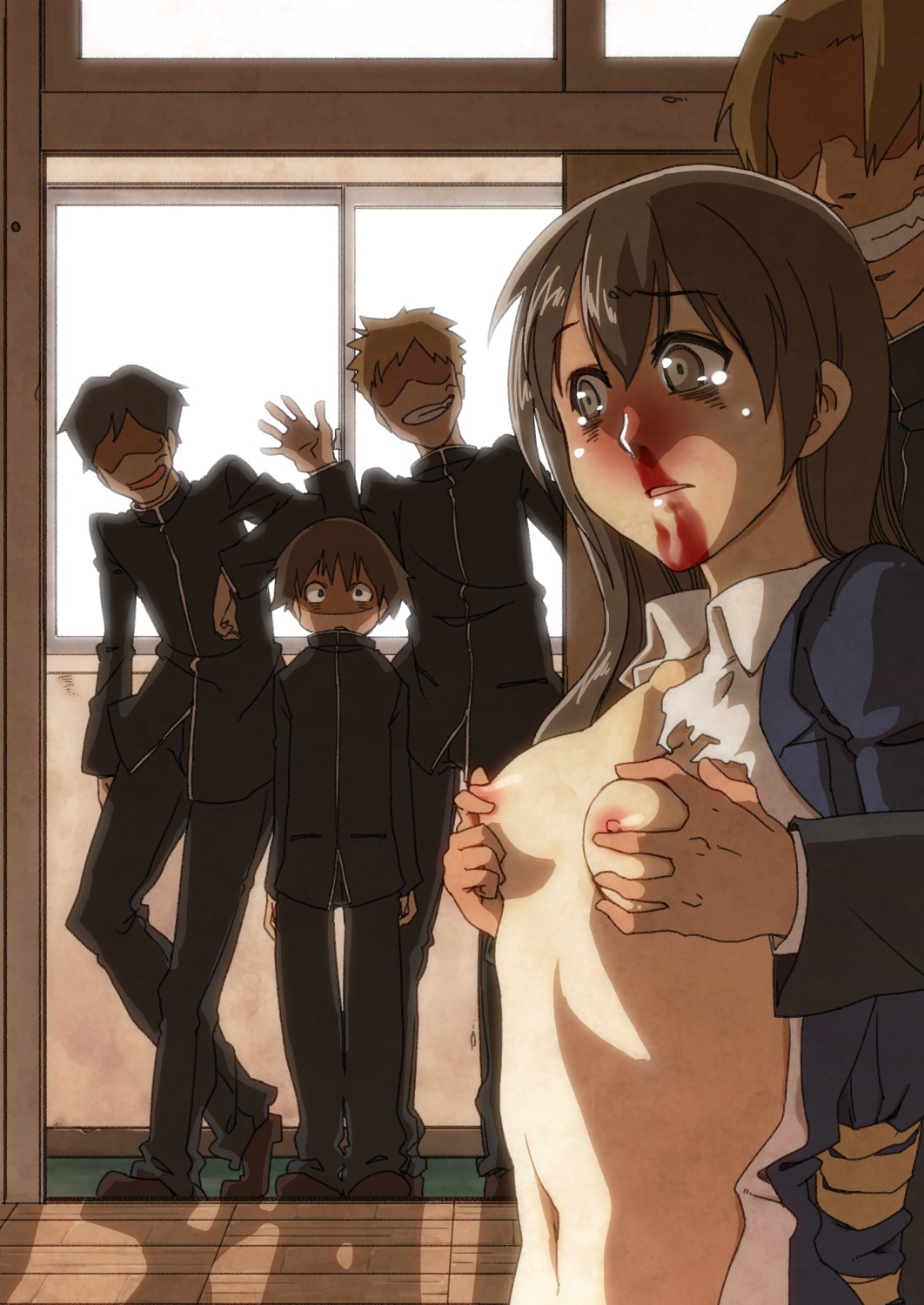 1girls abuse background bags_under_eyes beaten blonde_hair blood bondage breast_grab breasts breasts_apart brown_hair bullying clothed clothing color faceless female grin group hayama_sayako highres human long_hair male maru_(314) multiple_boys multiple_males nipples no_eyes open_clothes open_mouth open_shirt original partially_clothed rape restrained rule34 ryona school_uniform shirt smile standing tape tape_bondage tears torn_clothes waving