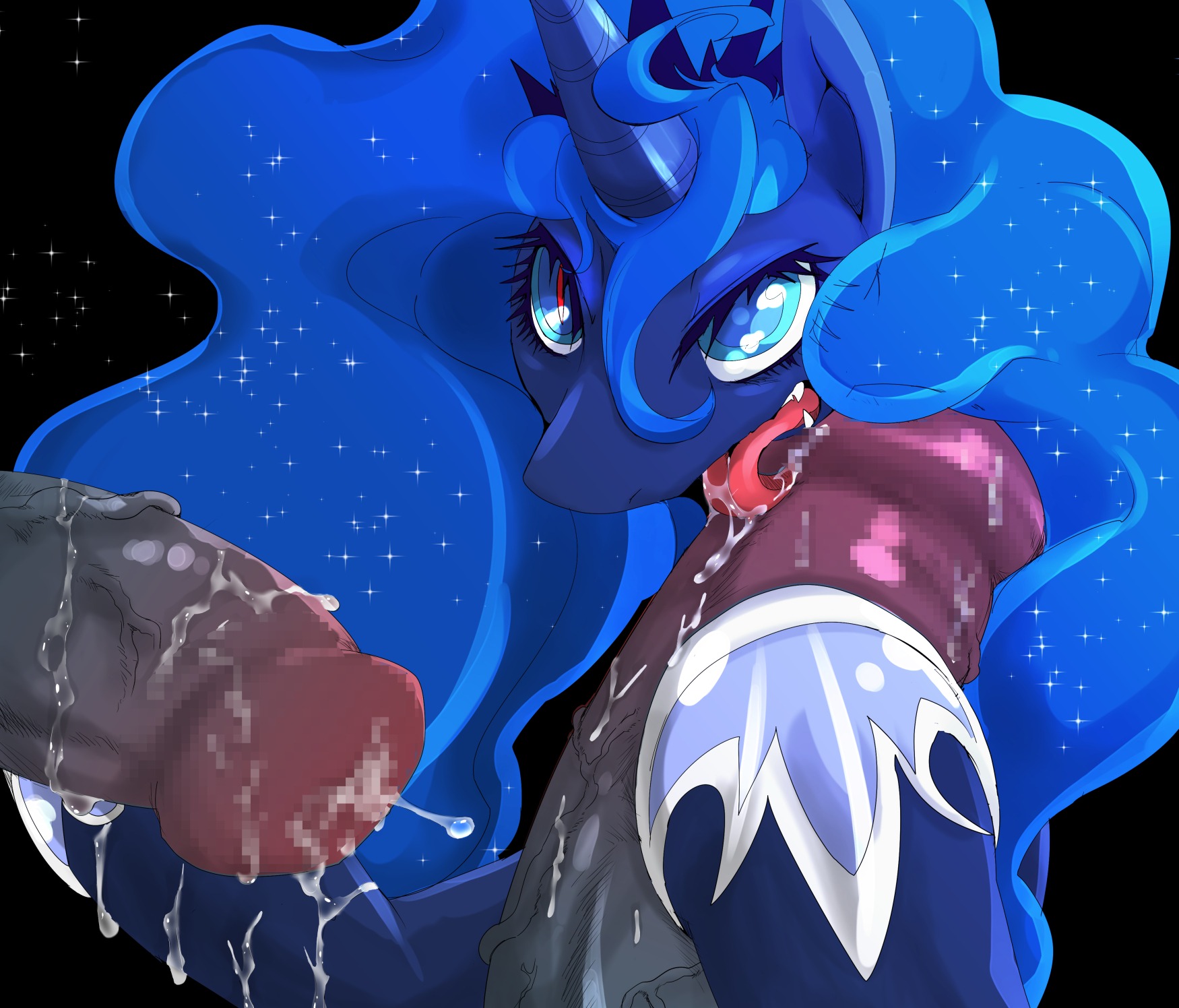 2014 big_penis blue_body blue_eyes blue_fur blue_hair bodily_fluids censored cum cum_on_tongue e621 equid equine erection faceless_character faceless_male female feral friendship_is_magic fur genital_fluids genitals group group_sex hair hasbro hi_res horn horse licking long_hair male male/female mammal my_little_pony oral penile penis penis_lick princess_luna_(mlp) sex suzumaru tongue tongue_out vein