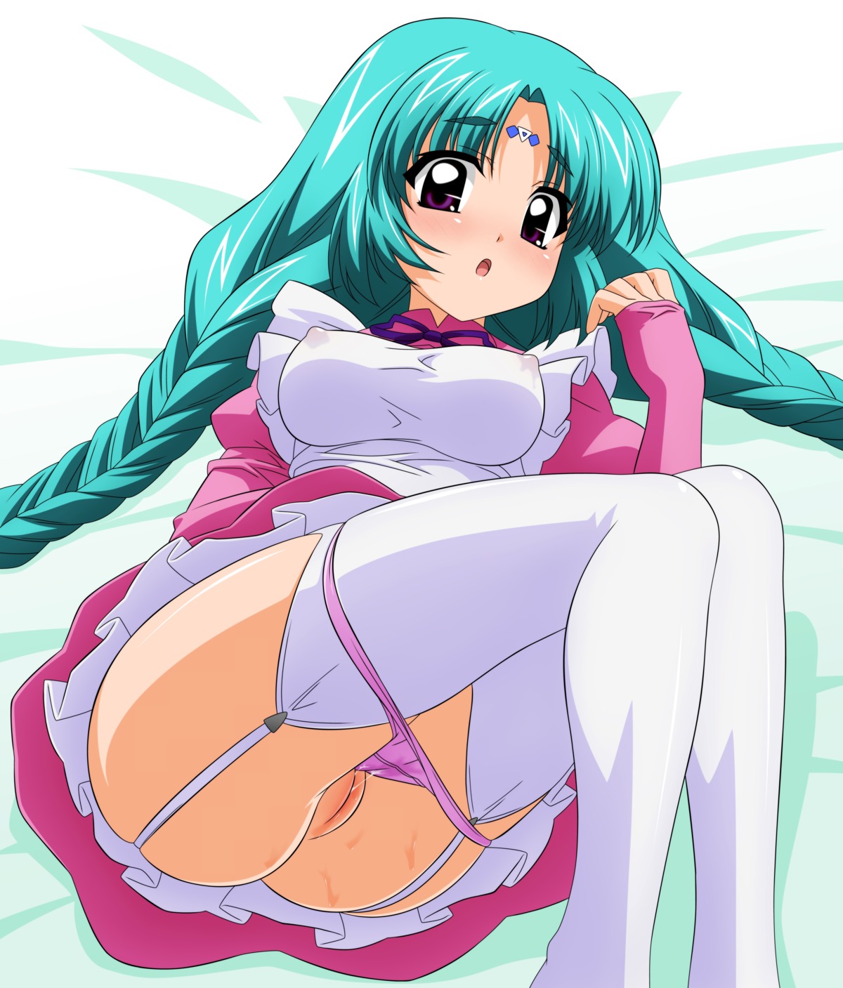 blush braid canal_volfied canal_vorfeed erect_nipples facial_mark female forehead_mark garter_belt highres lost_universe maid nipples panties panty_pull purple_panties pussy pussy_juice_trail rule34 solo stockings sugimura_tomokazu thighhighs twin_braids uncensored underwear undressing vagina wave_ride wet_panties