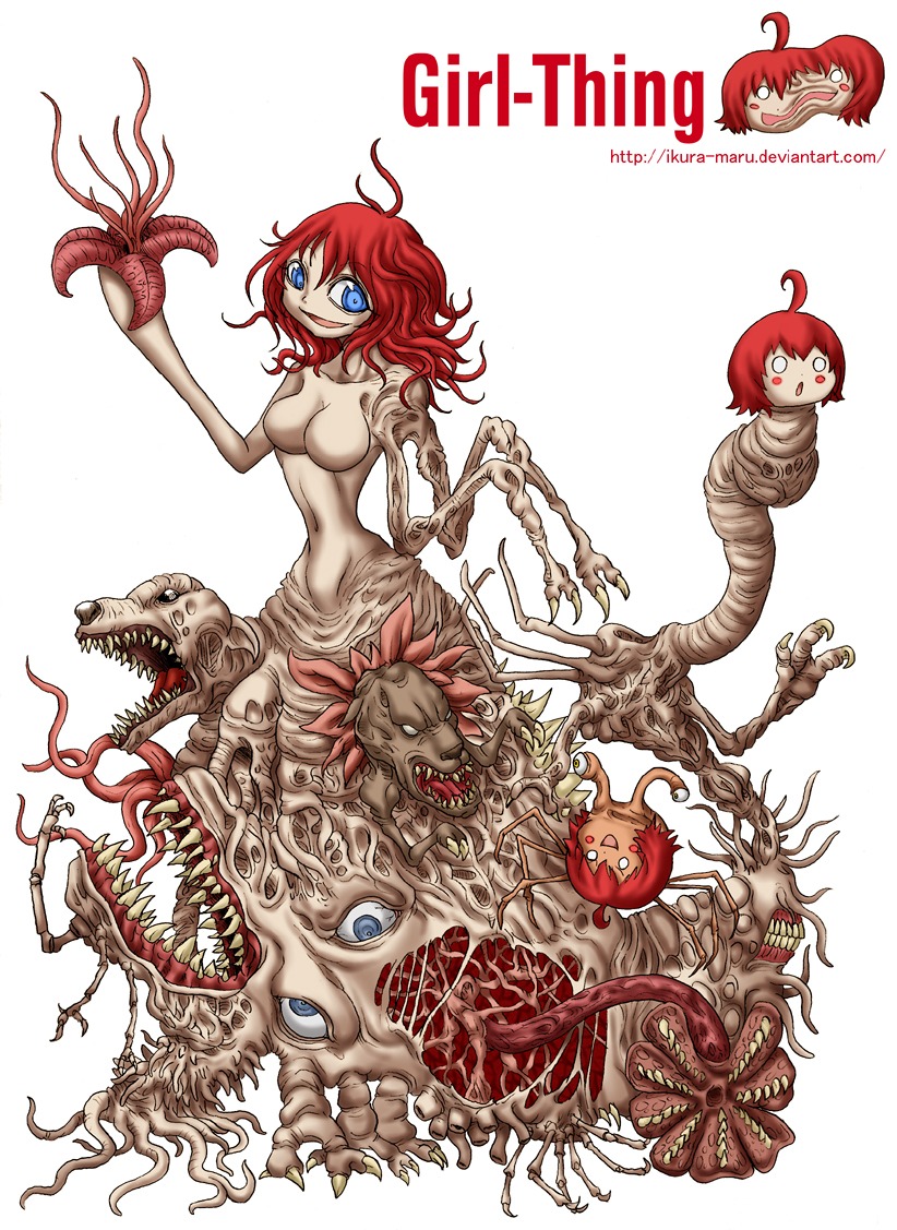 1girls beige_skin blue_eyes body_horror color female gore guro horror ikura-maru monster no_nipples pillow_shading red_hair rule34 short_hair solo text