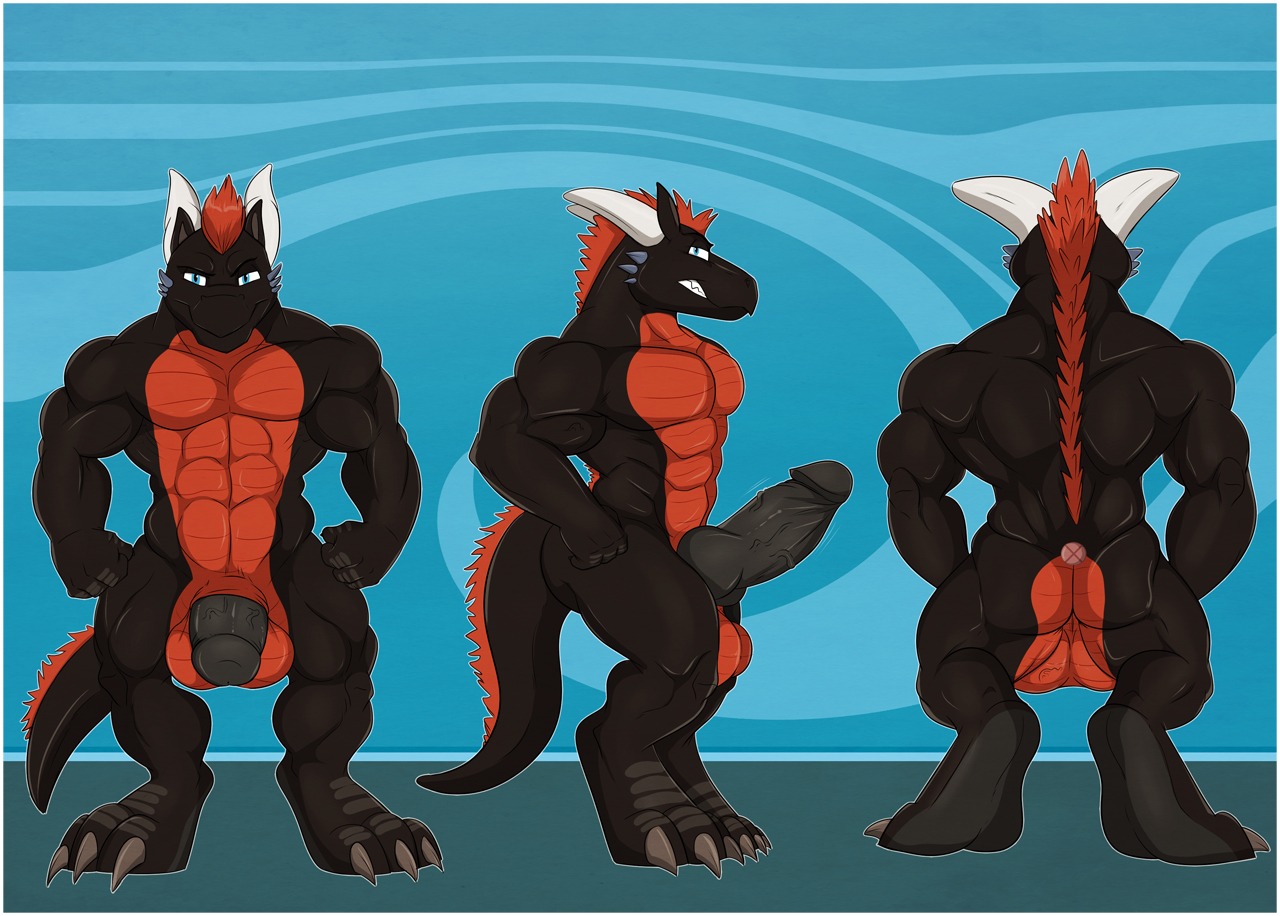 aaron_(artist) abs animal_genitalia anthro anus athletic backsack balls biceps big_penis biped black_body black_penis black_skin blue_eyes border butt claws clenched_teeth digital_media_(artwork) dragon e621 erection fangs flexing genitals hair horn knot looking_at_viewer male model_sheet multiple_angles muscular muscular_anthro muscular_male mythological_creature mythological_scalie mythology nipples non-mammal_balls non-mammal_nipples nude orange_body orange_hair orange_skin pecs penis red_hair reptile scales scalie sheath side_view smile solo standing tail teeth thick_penis toe_claws turnaround vein veiny_penis white_border