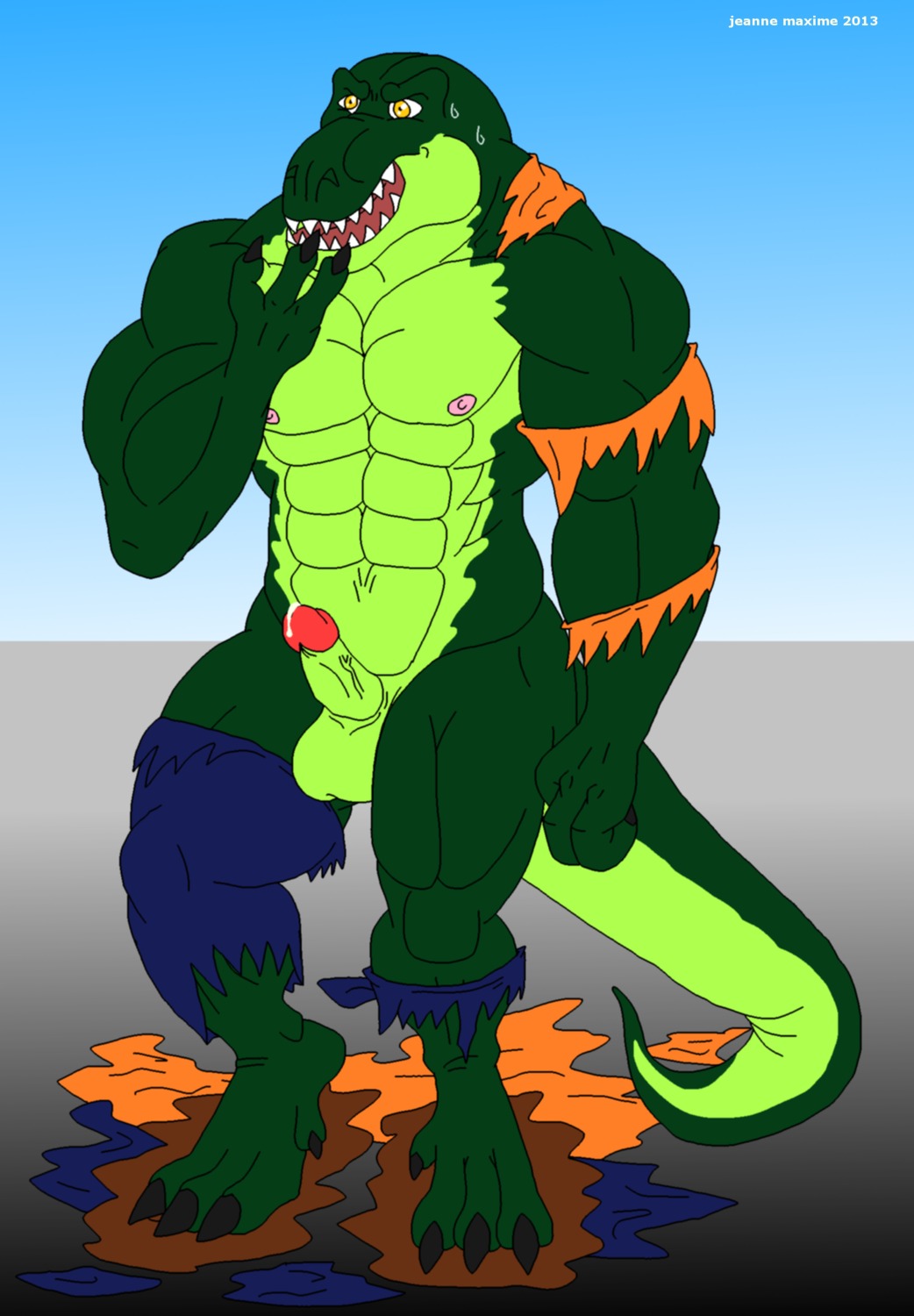 2013 abs animal_genitalia anthro athletic balls biceps big_muscles biped bodily_fluids bottomwear claws clothed clothing dinosaur e621 erection fangs genital_fluids genitals grandfathered_content green_body green_skin hi_res humanoid_genitalia humanoid_penis leaking male maxime-jeanne muscular muscular_anthro muscular_male nipples non-mammal_balls nude open_mouth pants pecs penis pose precum prehistoric_species presenting reptile saurischian scales scalie shirt shorts solo standing sweat tail teeth theropod toe_claws tongue topless topwear torn_clothing transformation tyrannosaurid tyrannosauroid tyrannosaurus tyrannosaurus_rex vein yellow_eyes