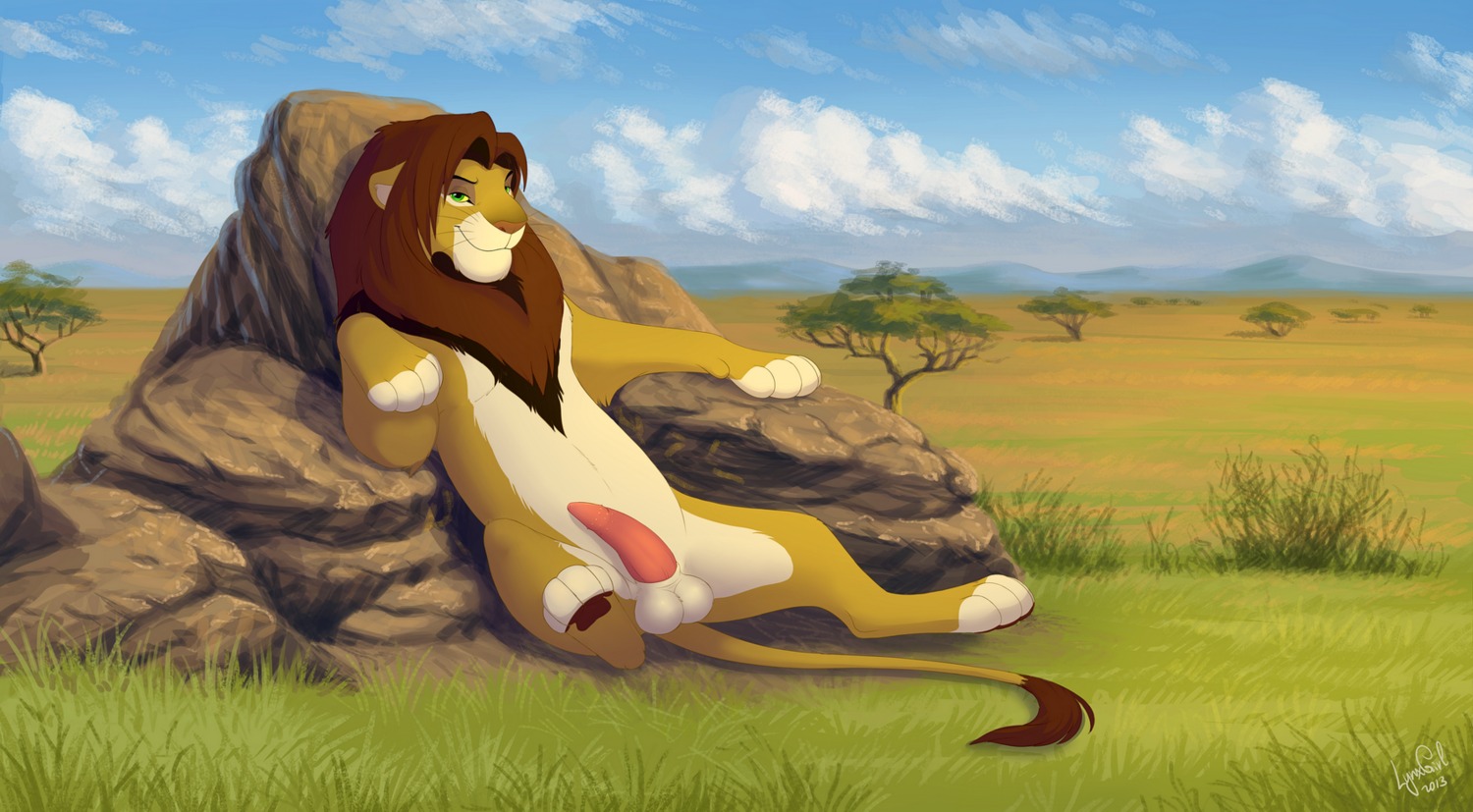 animal_genitalia balls bedroom_eyes cloud detailed_background disney e621 erection felid feral fur genitals grass half-closed_eyes hi_res lion looking_at_viewer male mammal narrowed_eyes nude outside pantherine penis plant reallynxgirl reclining savanna seductive sheath sky solo the_lion_king tree zilvus