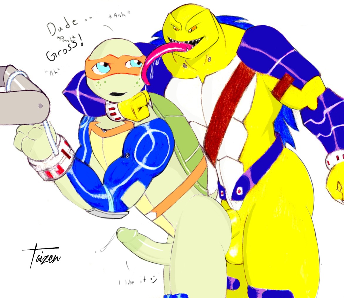 2014 3_fingers abs anal anal_penetration anthro anus armor athletic balls bdsm belt biceps big_balls big_muscles big_penis blue_eyes bodily_fluids bondage bound breastplate butt circumcised circumcision_scar claws clothing cum cum_inside dialogue digital_media_(artwork) dominant dominant_male duo e621 elbow_pads english_text erection exclamation_point fingers freckles gauntlets genital_fluids genital_scar genitals glans glistening gloves green_body green_penis green_skin handwear humanoid_genitalia humanoid_penis incest_(lore) interspecies kerchief knee_pads licking long_tongue looking_back male male/male male_penetrated male_penetrating male_penetrating_male mammal mask michelangelo_(tmnt) monster muscular muscular_male nude open_mouth orange_eyes pecs penetration penis precum pupils reptile saliva scalie scar sex sharp_teeth simple_background slit_pupils smile standing submissive submissive_male taizen teenage_mutant_ninja_turtles teeth text tongue tongue_out turtle unconvincing_armor white_background yellow_body yellow_skin