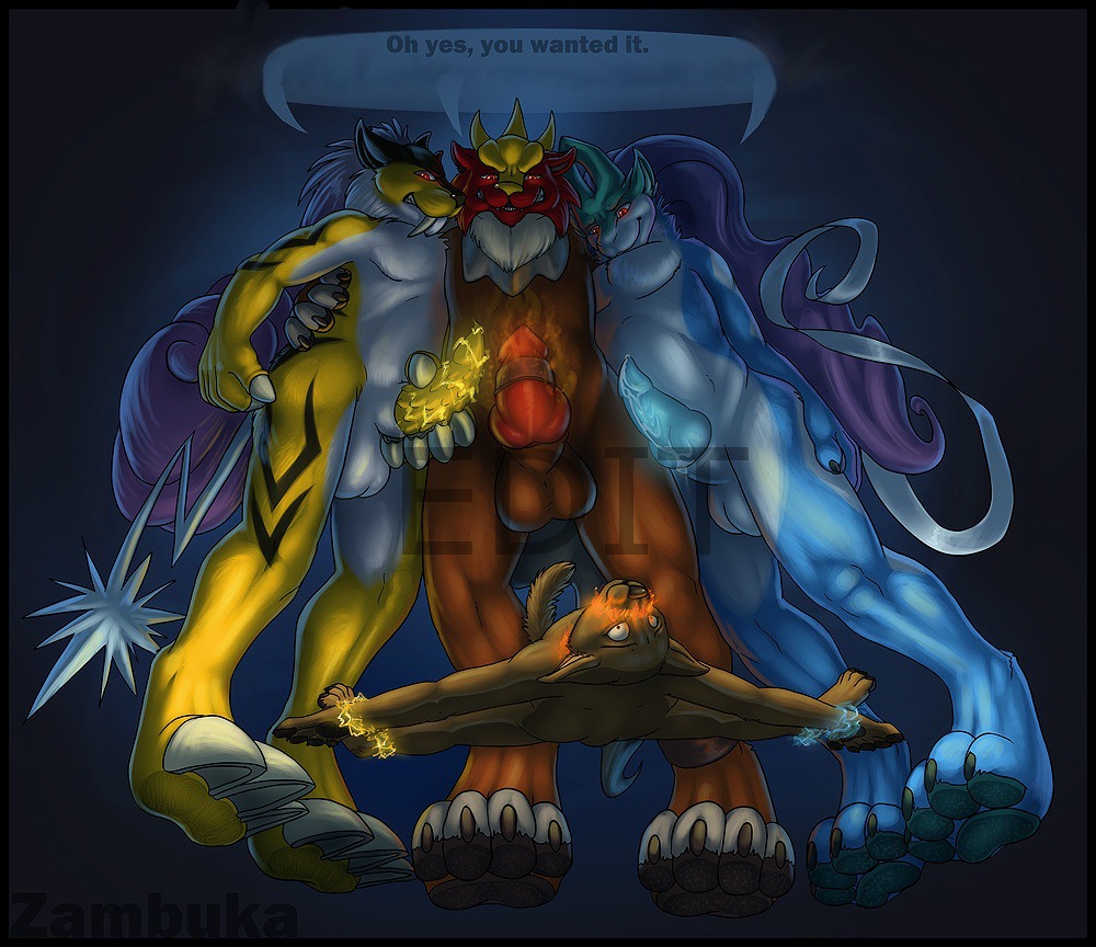 animal_genitalia anthro balls bdsm blue_penis bodily_fluids bondage bound canid canine dialogue digital_media_(artwork) digitigrade distracting_watermark dominant dominant_male e621 electricity electrogenesis english_text entei erection extreme_size_difference fire fully_bound generation_2_pokemon genital_fluids genitals group imminent_rape imminent_sex interjection knot legendary_beasts legendary_pokemon legendary_trio low-angle_view male male/male mammal nintendo paws penile_spines penis pokemon pokemon_(species) pokemorph precum raikou shared_dialogue shared_speech_bubble sheath size_difference speech_bubble submissive submissive_male suicune tail text third-party_edit watermark yellow_penis zambuka