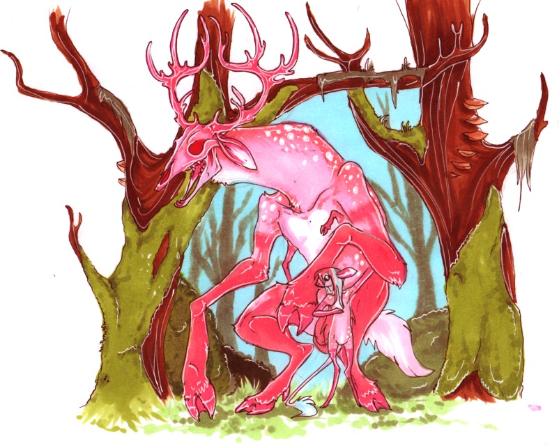 antlers boarwhore bone deer duo e621 female flaccid genitals hooves horn larger_male male mammal monster moss nude penis pink_body plant size_difference skull smaller_female spots tail