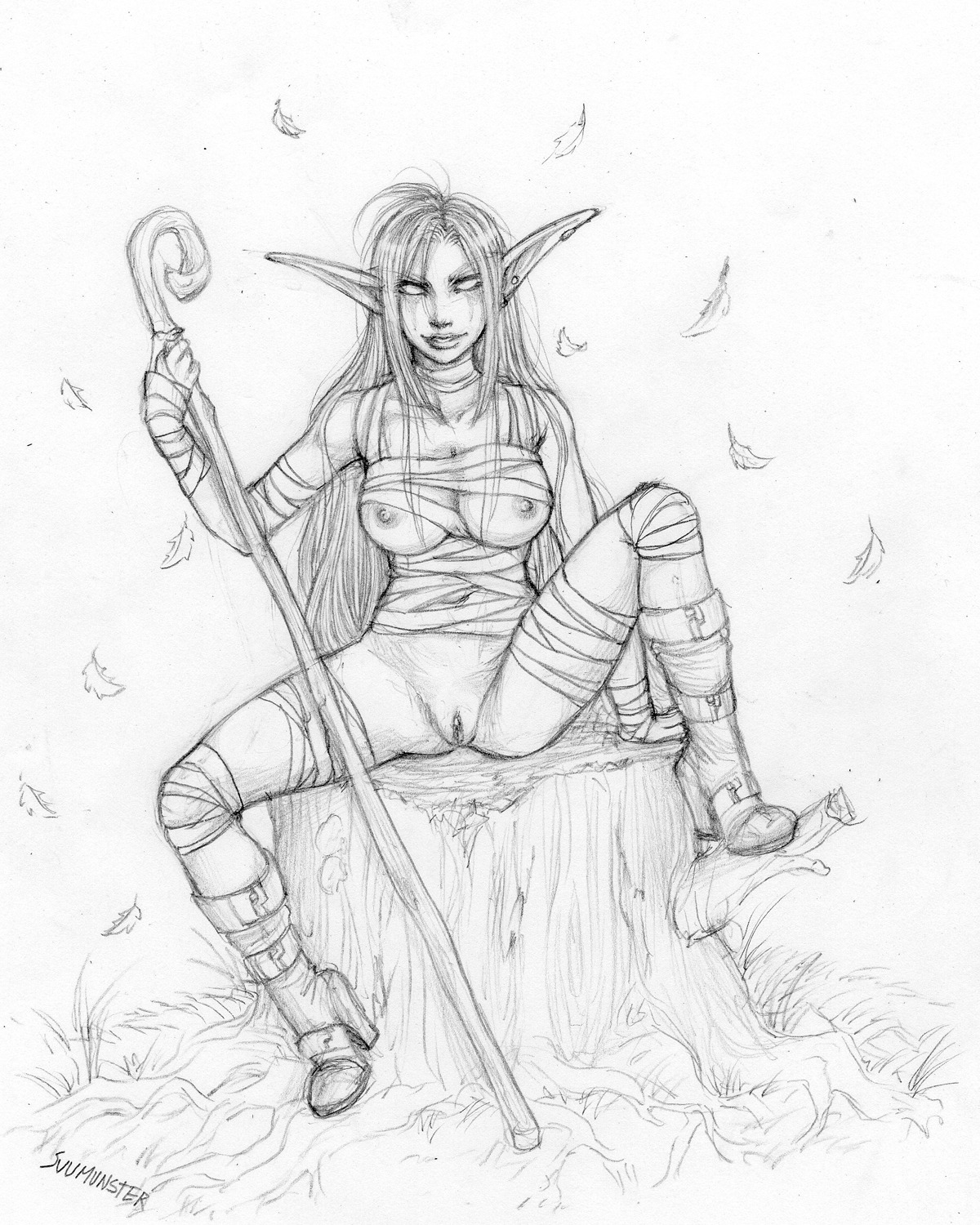 1girls areolae artist_name breasts elf elf_ears elf_female female female_only high_heels looking_at_viewer monochrome night_elf nipples pussy rule34 solo solo_female spread_legs suumunster tagme world_of_warcraft
