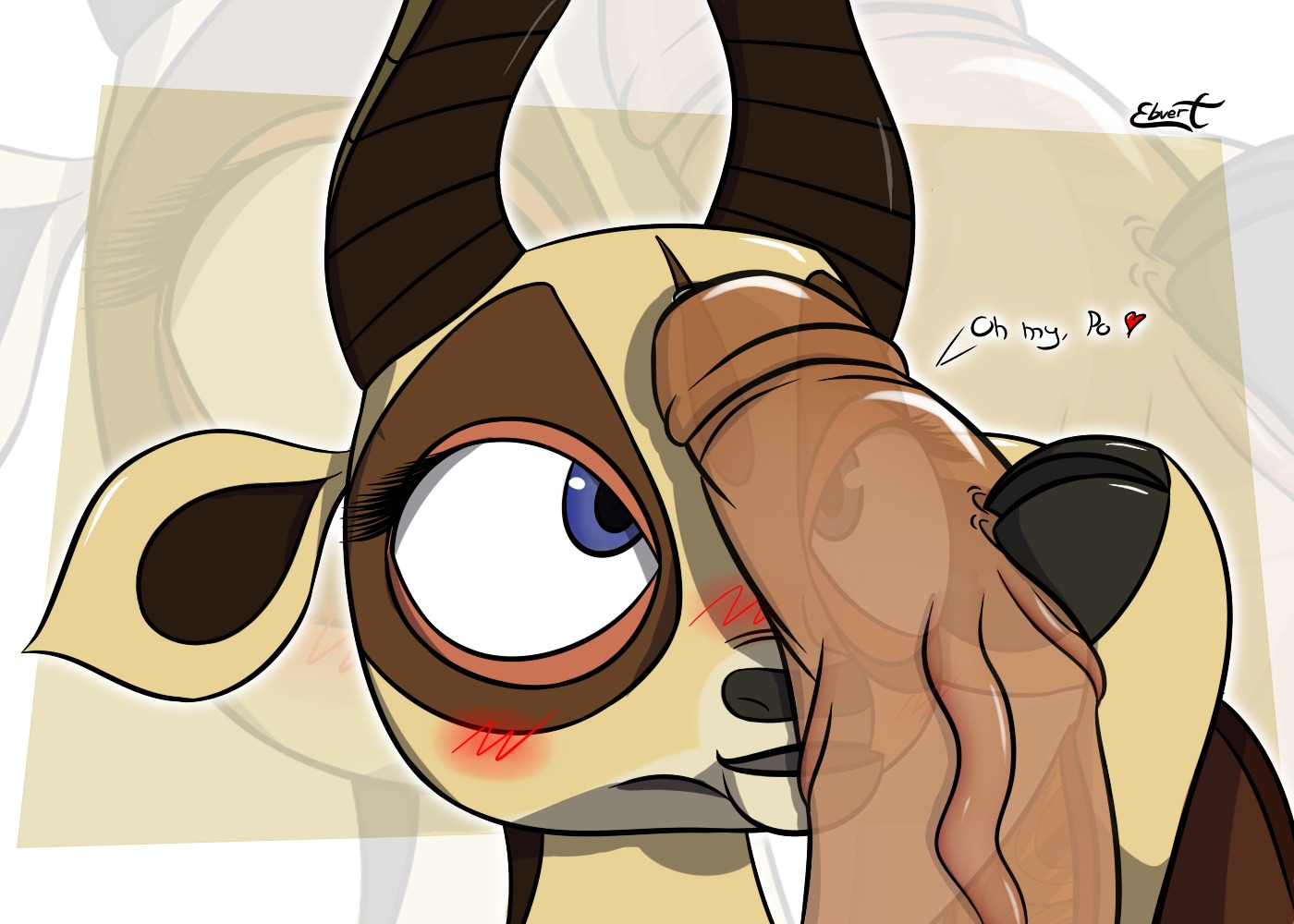 antelope anthro black_nose blue_eyes blush bovid disembodied_penis dreamworks duo e621 ebvert english_text erection female female_focus gazelle genitals hand_on_penis heart_symbol hooves horn humanoid_genitalia humanoid_penis kung_fu_panda male male/female mammal master_po_ping ming_woo penis simple_background solo_focus text translucent translucent_penis vein