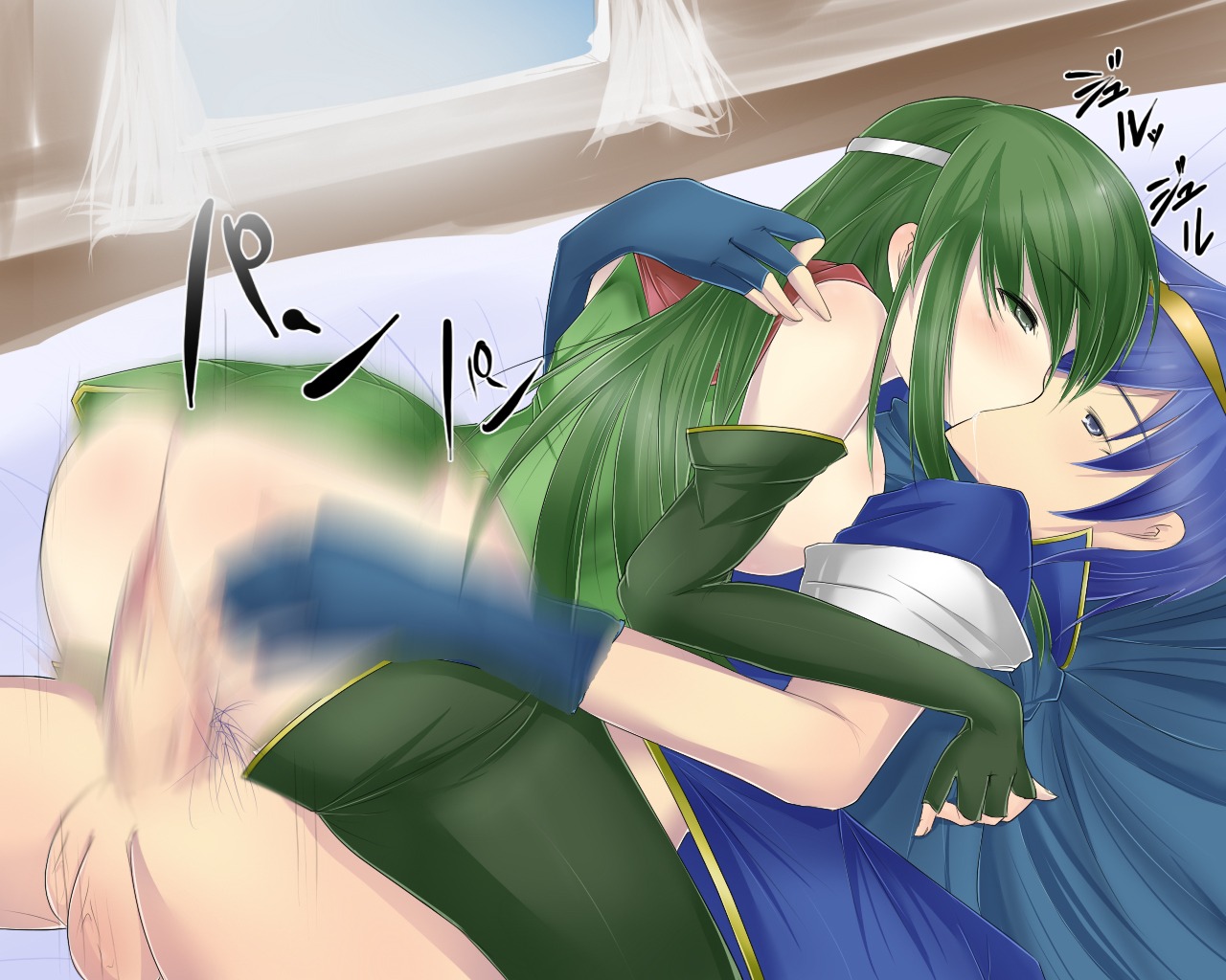 1boy 1girls ass ass_grab big_ass blue_eyes blue_hair clothed clothed_female clothed_male clothed_sex cowgirl_position deep_kiss deep_kissing female female_on_top fire_emblem fire_emblem:_mystery_of_the_emblem fire_emblem:_shadow_dragon_and_the_blade_of_light green_eyes green_hair hug kissing kissing_sex legs love male marth_(fire_emblem) motion_blur movement_lines nintendo palla_(fire_emblem) prince pubic_hair pussy royalty rule34 sakuraseko straight straight_hair vaginal_penetration vaginal_sex