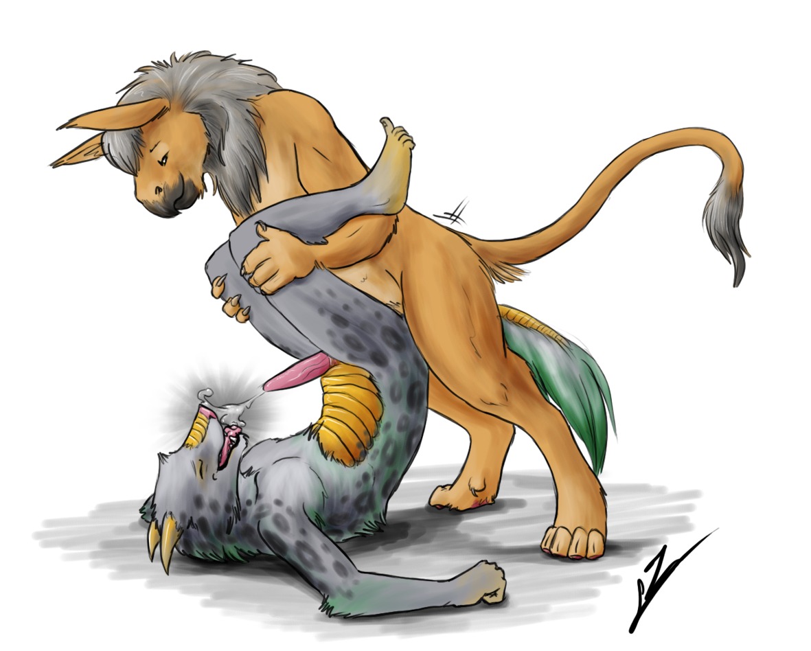 4_toes anal anal_penetration anthro anthro_on_anthro bodily_fluids brown_body brown_fur claws cum cum_in_mouth cum_in_own_mouth cum_in_self cum_inside cum_on_face cum_on_own_face cum_on_own_tongue cum_on_self cum_on_tongue cum_while_penetrated cumshot digitigrade duo e621 ejaculation erection eyes_closed feet fur genital_fluids genitals grey_body grey_fur hindpaw horn humanoid_feet interspecies male male/male male_penetrated male_penetrating male_penetrating_male nude orgasm paws penetration penis piledriver_position plantigrade sex simple_background standing tail tail_tuft tapering_penis toes tongue tuft unknown_species white_background zophia