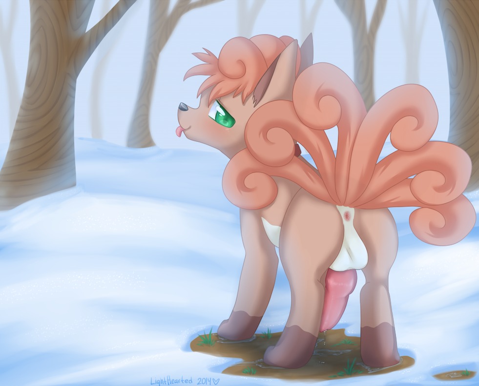 2014 ambunny animal_genitalia animal_penis anus backsack balls blush bodily_fluids butt canid canine canine_genitalia canine_penis cum cum_drip detailed_background digitigrade dripping e621 ember_(elitetheespeon) erection fan_character femboy feral generation_1_pokemon genital_fluids genitals green_eyes knot looking_at_viewer looking_back male mammal multi_tail nintendo outside penis pink_penis plant pokemon pokemon_(species) precum presenting presenting_hindquarters raised_tail rear_view snow solo tail tongue tongue_out tree vulpix winter