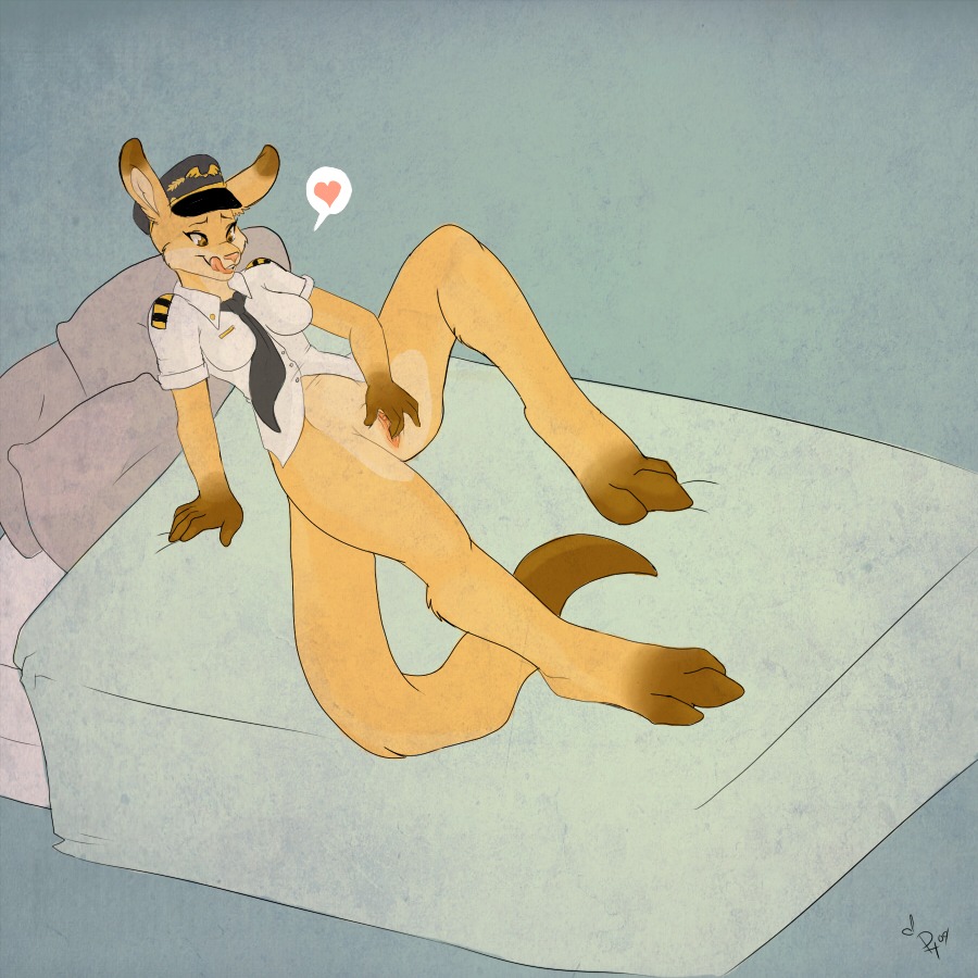 1:1 accessory anthro bed biped bottomless breasts clitoris clothed clothing e621 female fingering fingering_self fur furniture genitals heart_symbol kangaroo lying macropod mammal marsupial masturbation military necktie on_back on_bed phuufy solo tail tongue uniform vaginal vaginal_masturbation vulva