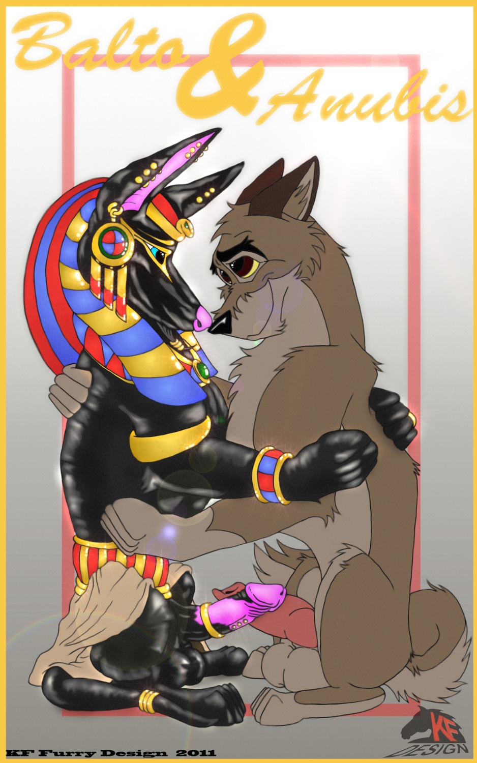 2011 5:8 absurd_res accessory animal_genitalia animal_penis anthro anubian_jackal anubis balls balto balto_(series) black_body black_skin border brown_body brown_fur canid canine canine_genitalia canine_penis canis clothing cock_ring deity duo e621 egyptian_mythology erection frenum_ladder frenum_piercing frottage fur genital_piercing genitals hair hi_res hybrid jackal jewelry kf_furry_design ladder_piercing male male/male mammal middle_eastern_mythology mythology nude penile penis penis_accessory penis_jewelry penis_piercing penises_touching piercing red_penis sex smile universal_studios wolf wolfdog yellow_border