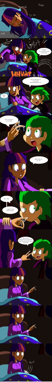absurd_res alternate_species bed blush bodily_fluids comic dialogue duo e621 english_text female friendship_is_magic fur furniture genital_fluids green_eyes hair hasbro hi_res human humanized long_image male mammal masturbation multicolored_hair my_little_pony pillow purple_body purple_fur purple_hair spike_(mlp) tall_image text twilight_sparkle_(mlp) two_tone_hair vaginal_fluids xevnest