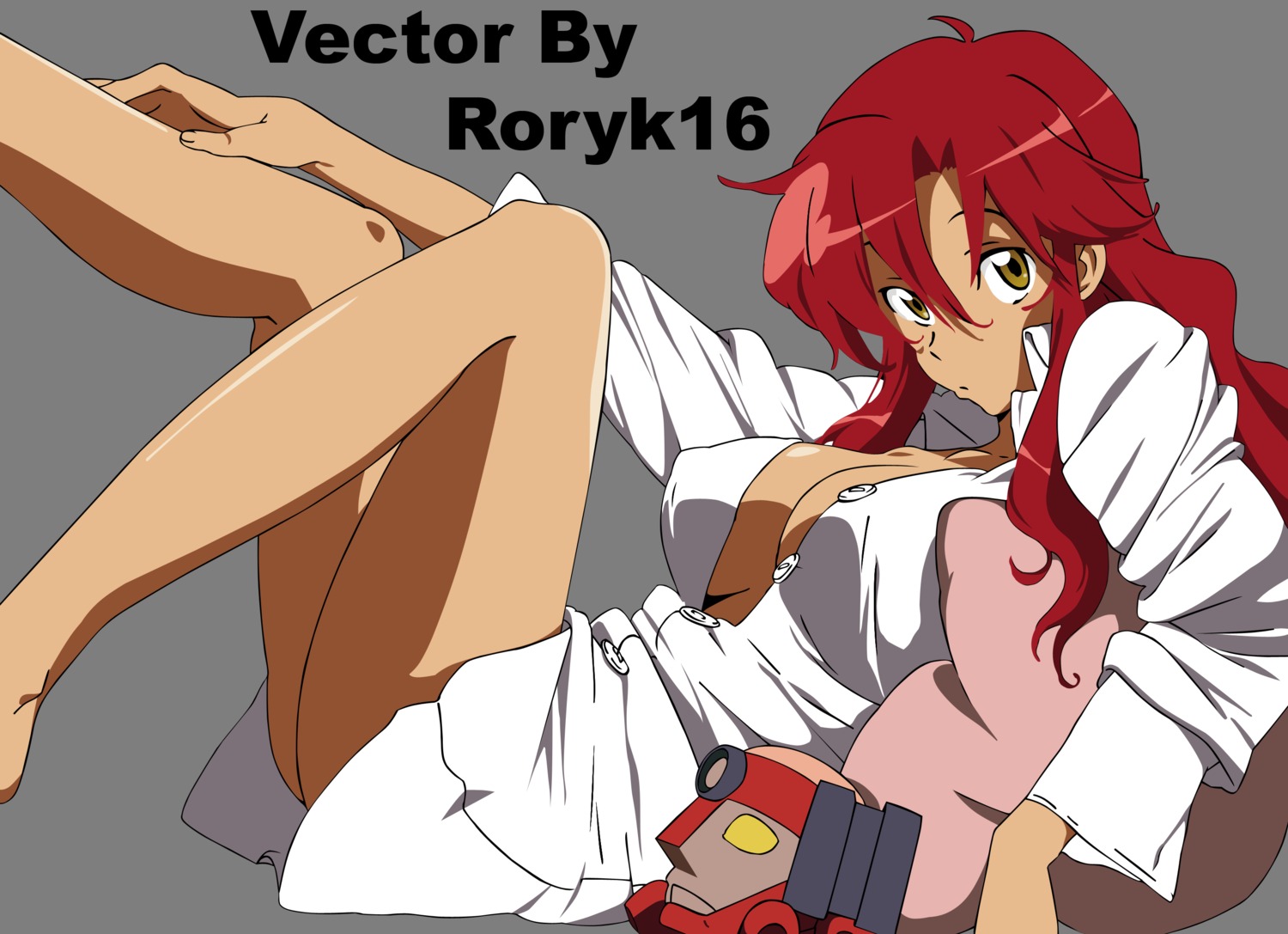 breasts cleavage dress_shirt female high_res highres large_breasts long_hair open_clothes open_shirt oppai red_hair rule34 shirt tengen_toppa_gurren_lagann transparent_background vector_trace yellow_eyes yoko_littner