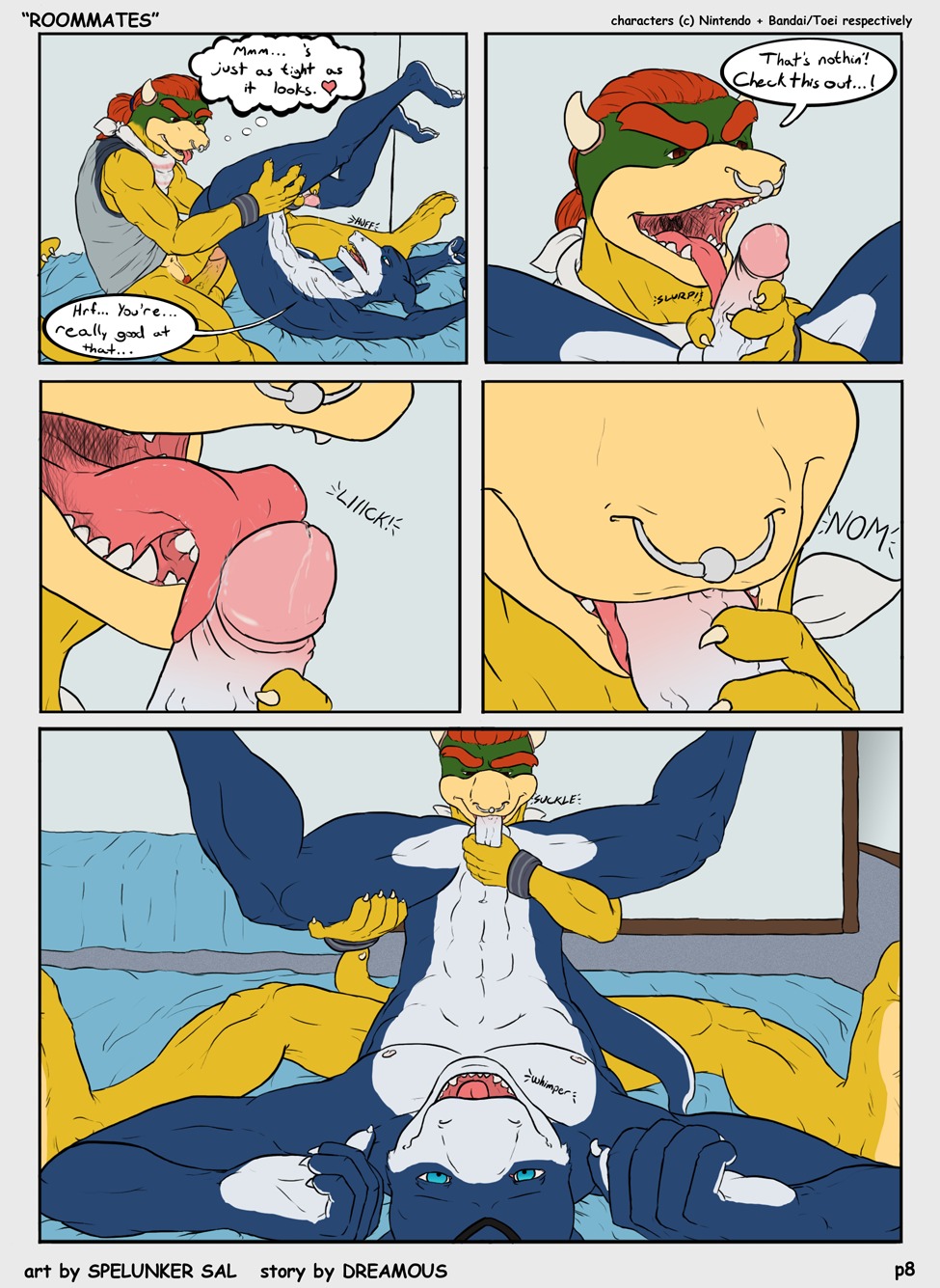 anthro anus balls bandai blush bowser_koopa_junior_(roommates) close-up comic couple cum cum_in_mouth cum_inside cumshot digimon dreamous_(writer) duo feet fellatio flamedramon furry gay giancarlo_rosato hi_res horn koopa male male/male male_only mario_(series) muscles nintendo nude oral oral_sex orgasm paws penis penis_on_tongue raised_tail roommates_(comic) rule34 scalie sex simple_background spelunker_sal straight_hair tail toned tongue tongue_out tongue_out_blowjob yaoi