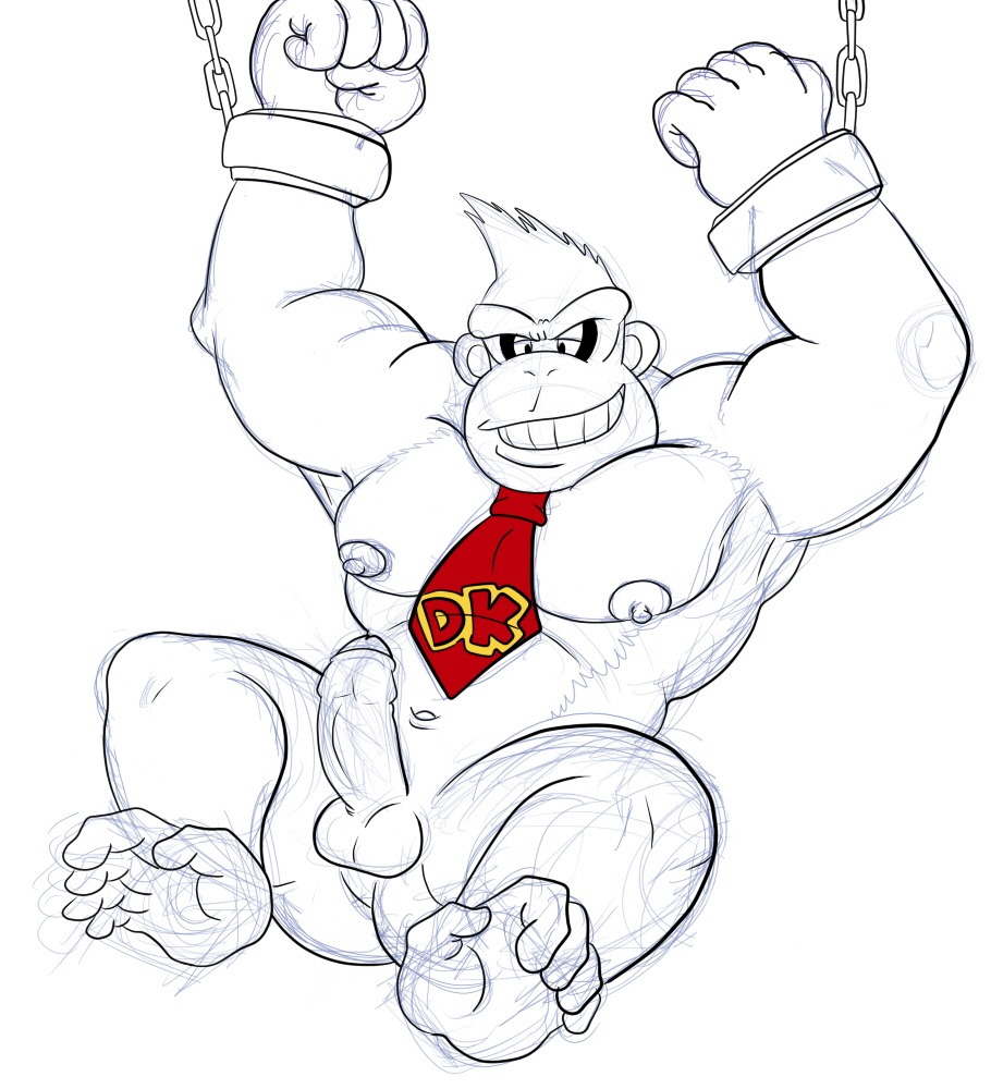 accessory anthro ape balls bdsm biceps bondage bound chain donkey_kong_(character) donkey_kong_(series) e621 erection feet foreskin genitals haplorhine humanoid_genitalia humanoid_penis male mammal monkeysuit monochrome muscular muscular_anthro muscular_male necktie nintendo nipples partially_retracted_foreskin pecs penis prehensile_feet primate solo submissive submissive_male text text_on_necktie toes