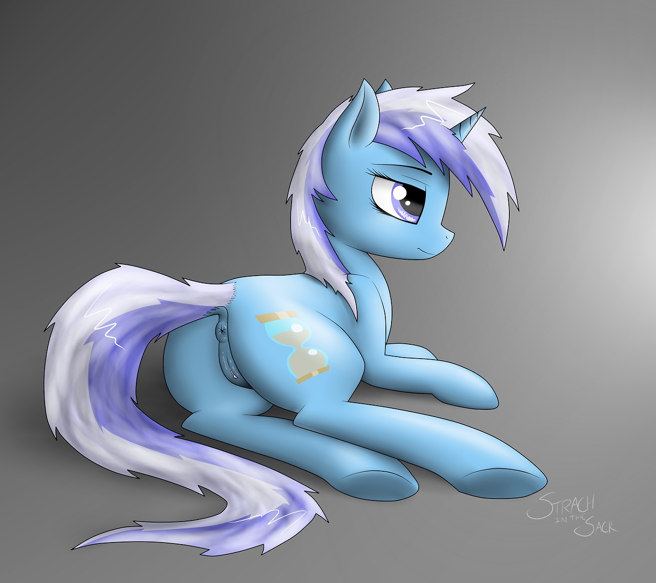 2013 anus blue_body blue_fur butt cutie_mark e621 equid equine female feral friendship_is_magic fur genitals grey_background hair hasbro horn lying mammal minuette_(mlp) multicolored_hair my_little_pony mythological_creature mythological_equine mythology on_side simple_background solo strachinthesack two_tone_hair unicorn vulva