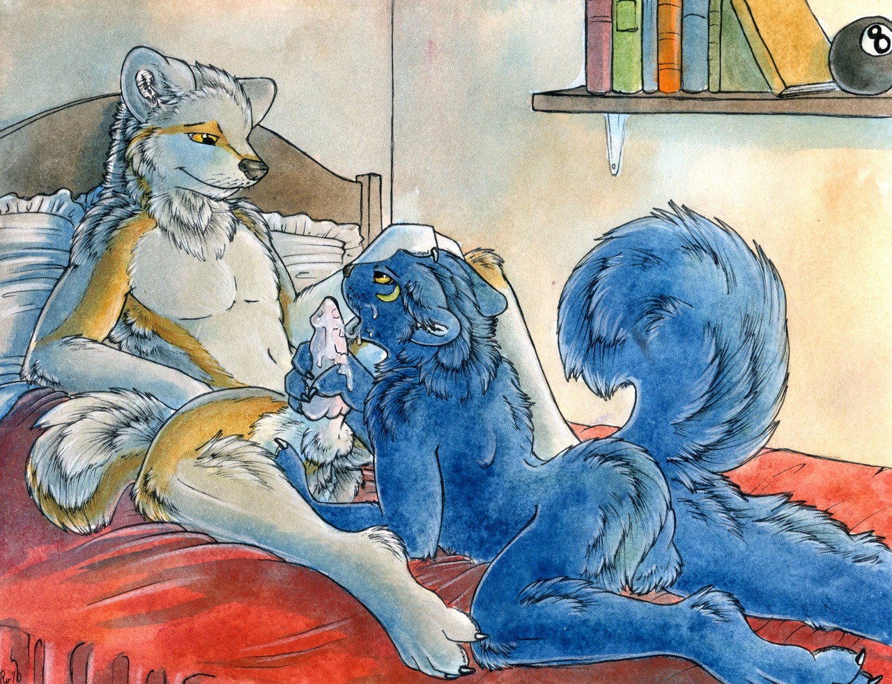 anthro aurawolf backsack balls bed bodily_fluids book butt canid canine canis cum cum_in_mouth cum_inside detailed_background duo e621 erection fellatio furniture genital_fluids genitals granite_the_wolf inside male male/male male_penetrated male_penetrating male_penetrating_male mammal on_bed oral penetration penile penis romantic romantic_couple ruaidri sex tail wolf yellow_eyes