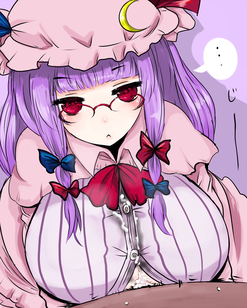 breasts cleavage cum cum_on_body cum_on_breasts cum_on_upper_body cum_through_clothes cum_through_clothing dark-skinned_male dark_skin female glasses han64 han_(jackpot) hat huge_breasts male paizuri paizuri_under_clothes patchouli_knowledge penis purple_hair red_eyes rule34 straight touhou