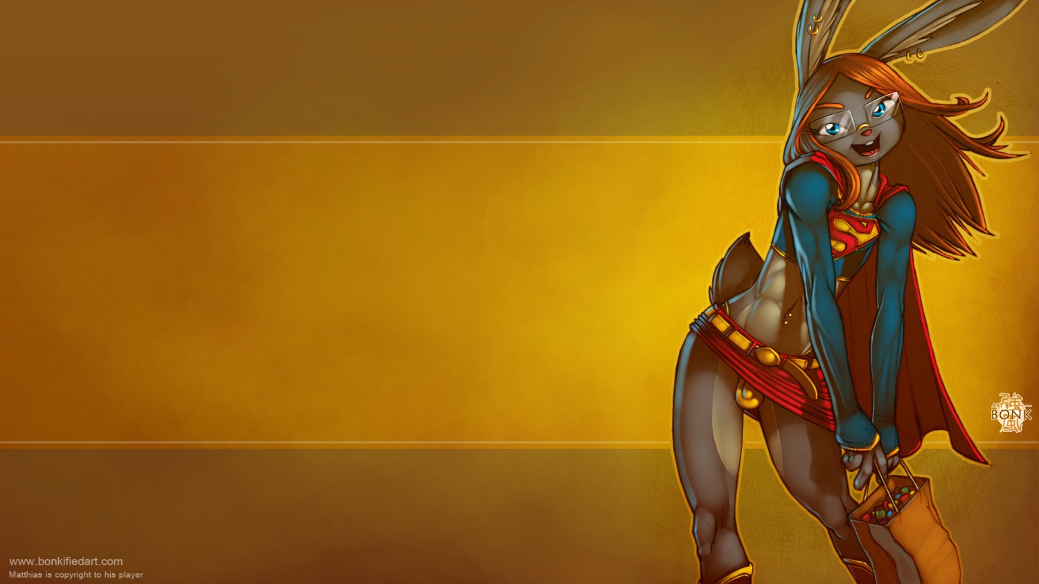 16:9 anthro artist_name bag balls_outline belt big_tail biped black_text blue_clothing blue_crop_top blue_eyes blue_shirt blue_topwear bonk boots bottomwear brown_background buckteeth bulge candy cape clothed clothed_anthro clothed_male clothing cocked_hip cosplay countershade_fur countershade_legs countershade_neck countershade_thighs countershade_torso countershading crop_top crossdressing crossdressing_male dc_comics dessert detailed_bulge digital_drawing_(artwork) digital_media_(artwork) e621 ear_piercing ear_ring english_text eyebrows eyelashes eyewear femboy fingers food footwear fur genital_outline glasses glistening glistening_eyes gradient_background grey_body grey_ears grey_fur grey_tail grey_text hair hi_res holding_bag holding_object inner_ear_fluff iris lagomorph leporid long_ears long_hair long_sleeves looking_at_viewer male male_anthro mammal matthias midriff miniskirt monotone_hair multicolored_body multicolored_fur navel navel_piercing open_mouth open_smile orange_eyebrows orange_hair outline paper_bag penis_outline piercing pink_nose pink_tongue pinup portrait pose pupils rabbit raised_bottomwear raised_clothing raised_skirt rectangular_glasses red_boots red_bottomwear red_cape red_clothing red_footwear red_shoes red_skirt ring_piercing scut_tail shaded shirt shoes short_tail simple_background skirt slim slim_anthro slim_male smile smiling_at_viewer solo standing straight_arms straight_legs supergirl superhero_costume tail tail_over_skirt tan_body tan_countershading tan_fur tan_inner_ear_fluff tan_tuft teeth text thong thong_straps three-quarter_portrait tongue tongue_piercing topwear tuft two_tone_body two_tone_fur underwear upskirt url wallpaper wearing_glasses white_sclera widescreen yellow_background yellow_belt yellow_clothing yellow_ear_ring yellow_outline yellow_piercing yellow_thong yellow_underwear