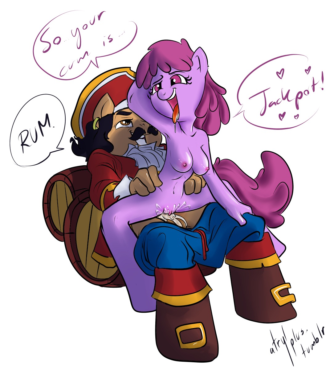 2012 4_fingers accessory alcohol anthro anthrofied atryl balls barrel berry_punch_(mlp) beverage big_breasts black_hair bodily_fluids boots bottomwear bottomwear_down breasts brown_body brown_eyes brown_fur buckle captain_morgan clitoris clothed clothing cum cum_in_vagina cum_inside diageo dialogue digital_media_(artwork) drooling drunk duo e621 ear_piercing earth_pony english_text equid equine facial_hair female female_on_top female_penetrated fingers food footwear friendship_is_magic fucked_silly fur genital_fluids genitals glistening gold_(metal) hair happy happy_sex hasbro hat headgear headwear heart_symbol hi_res hip_grab hooves horse jewelry liquor long_hair male male/female male_on_bottom male_penetrating male_penetrating_female mammal mustache my_little_pony necktie nipples nude on_bottom on_top pants pants_down partially_clothed penetration penile penile_penetration penis penis_in_vagina piercing pink_nipples pirate pirate_hat pony ponytail purple_body purple_eyes purple_fur purple_hair reverse_cowgirl_position rum saliva sex shirt shoes simple_background substance_intoxication tail text tongue tongue_out topwear vaginal vaginal_penetration vulva white_background