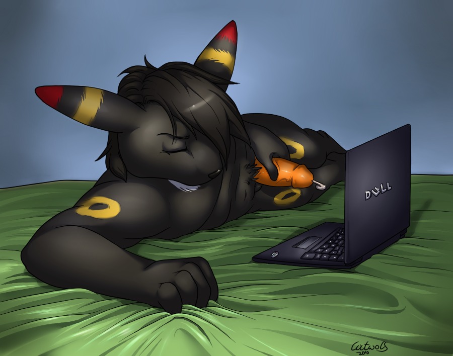 anthro bed bed_sheet bedding bioluminescence bodily_fluids catwolf computer cum e621 eeveelution electronics erection eyes_closed furniture generation_2_pokemon genital_fluids genitals glowing humanoid_genitalia humanoid_penis laptop male masturbation nintendo penile penile_masturbation penis pokemon pokemon_(species) pokemorph seisei solo treyman umbreon