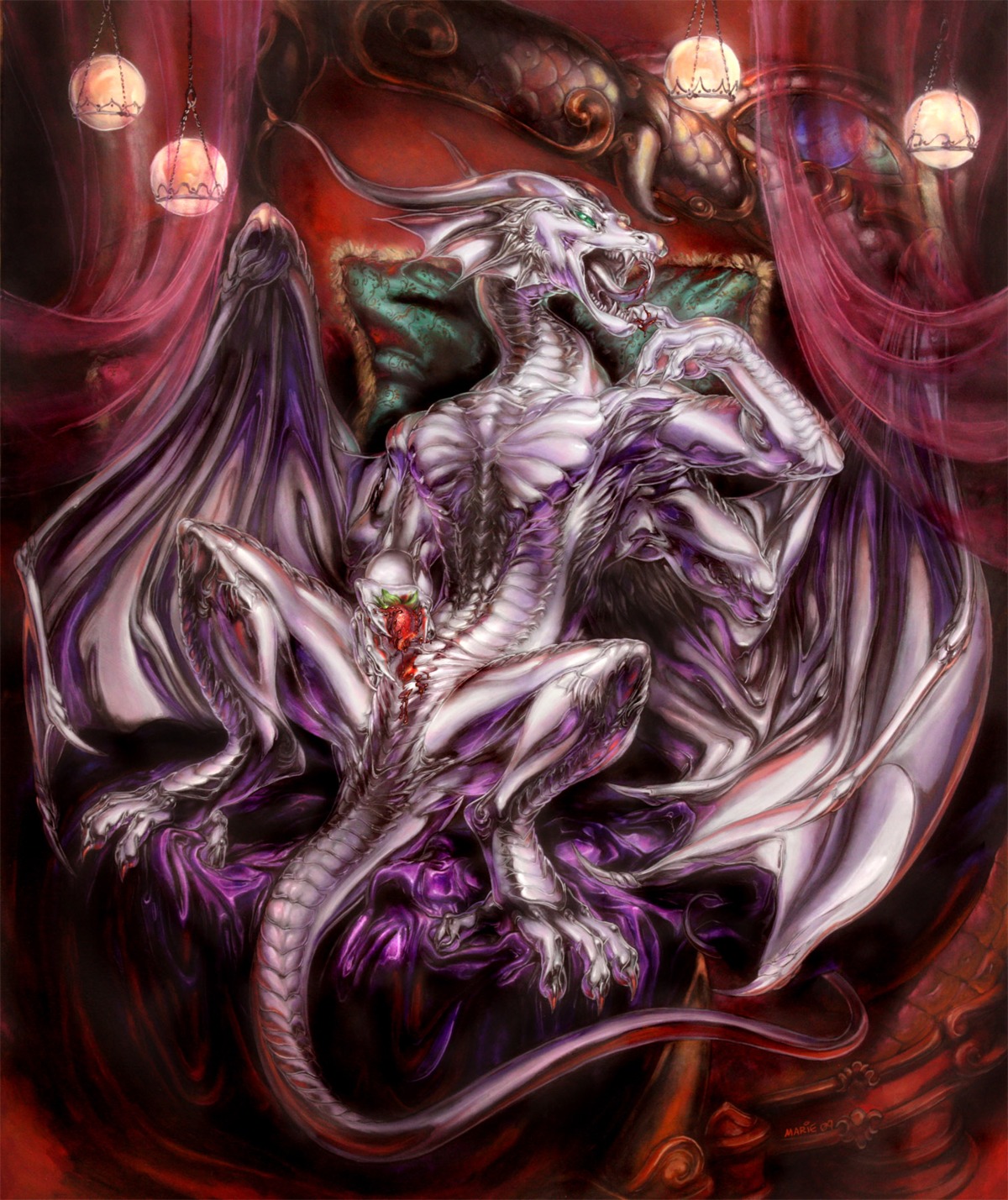 dragon female fruit green_eyes horns mariecannabis rule34 scalie sixthleafclover solo spread_legs spreading tail wings
