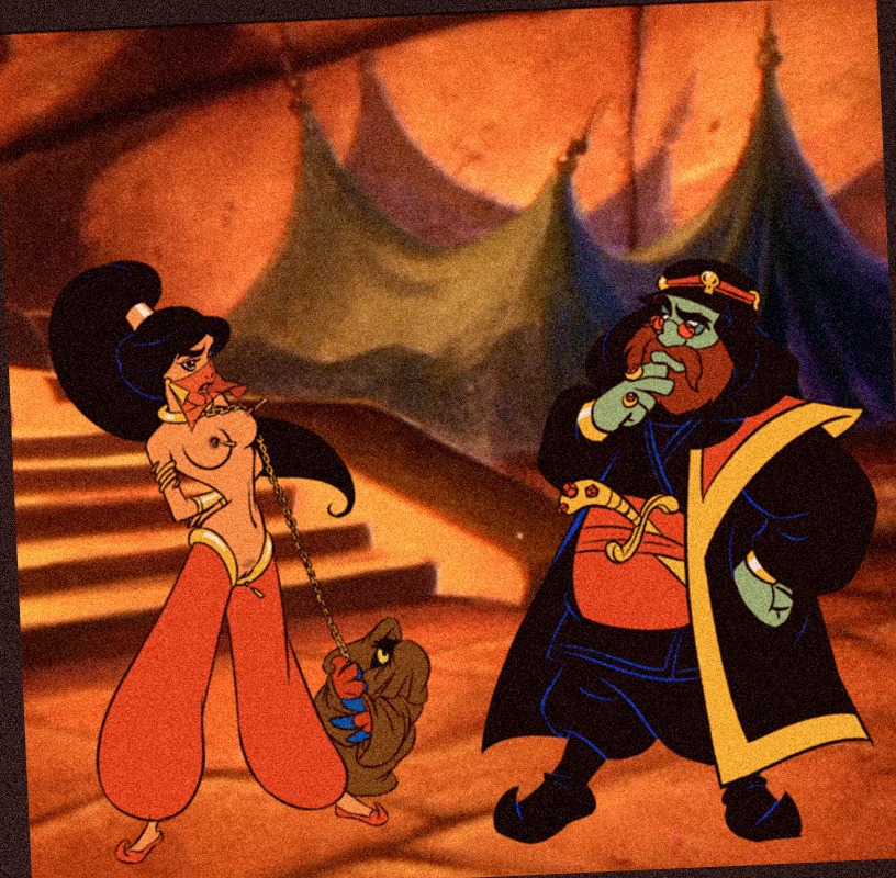 aladdin_(1992_disney_film) arabian_clothes bondage chains dahr disney disney_princess evil_queen_jasmine female harem_outfit human iago jasmine_(aladdin) nipples princess royalty rule34 slave